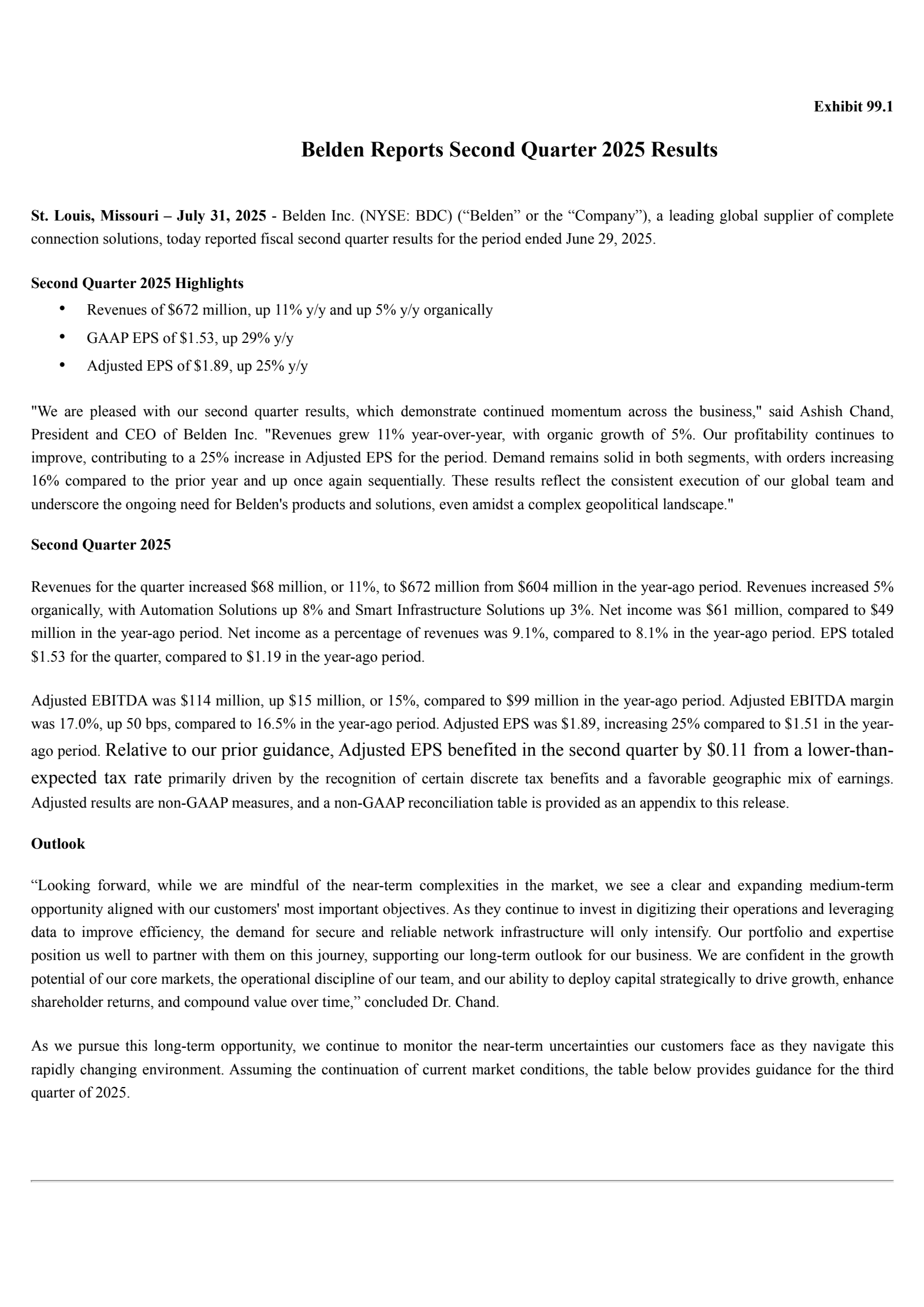 Belden's Q2 2025 Press Release