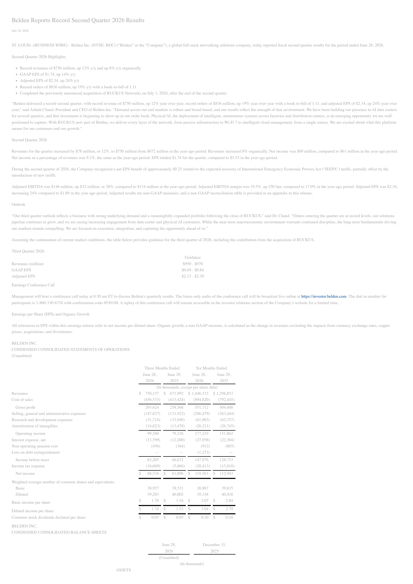 Belden's Q2 2026 Press Release