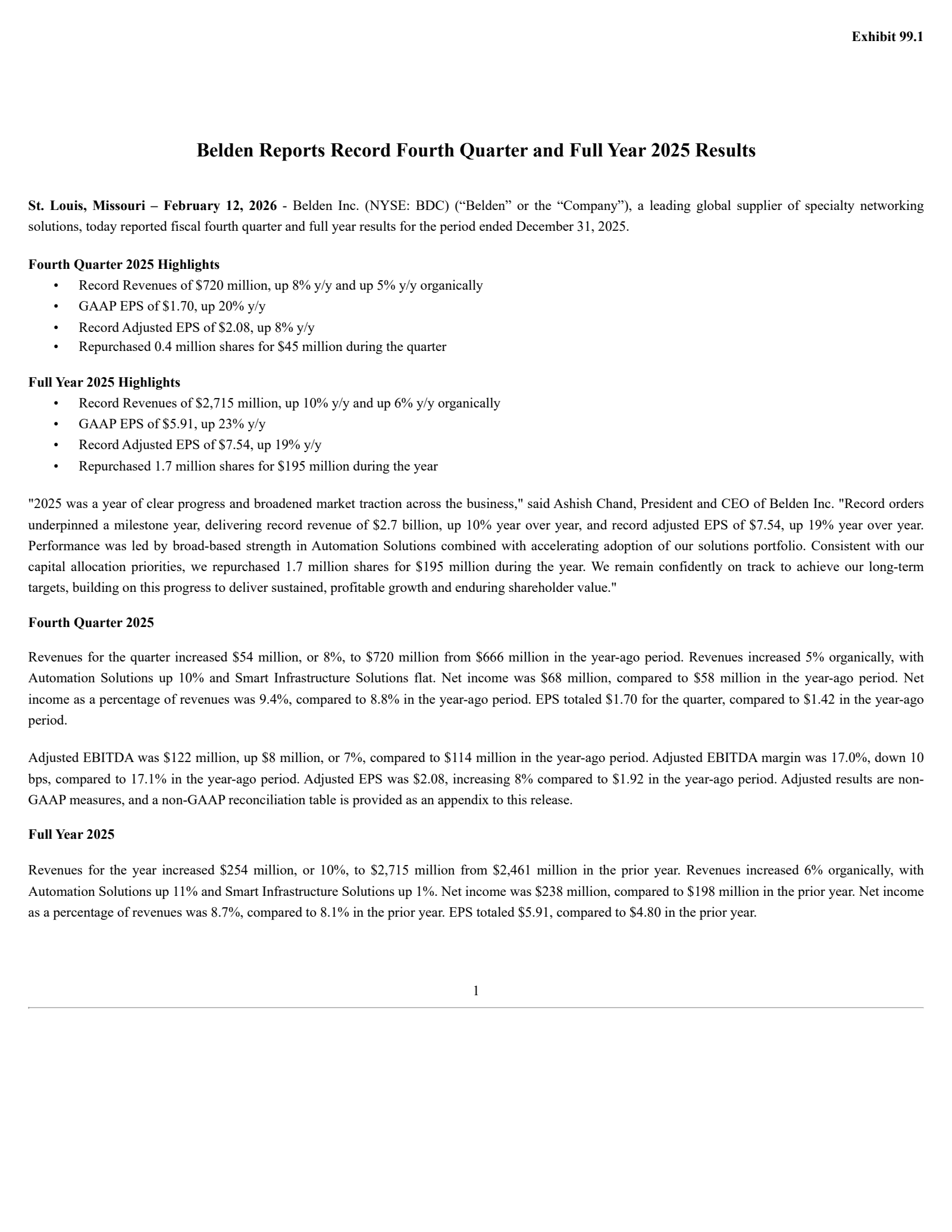 Belden's Q4 2025 Press Release