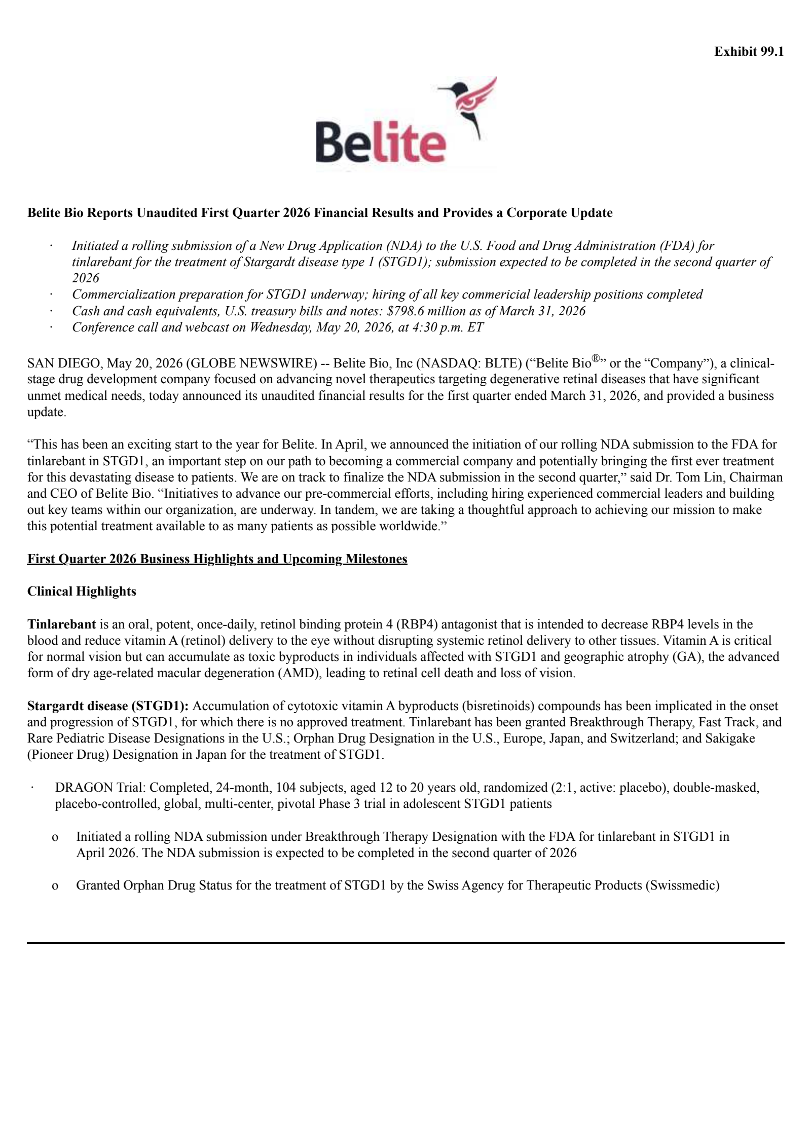 Belite Bio's Q1 2026 Press Release