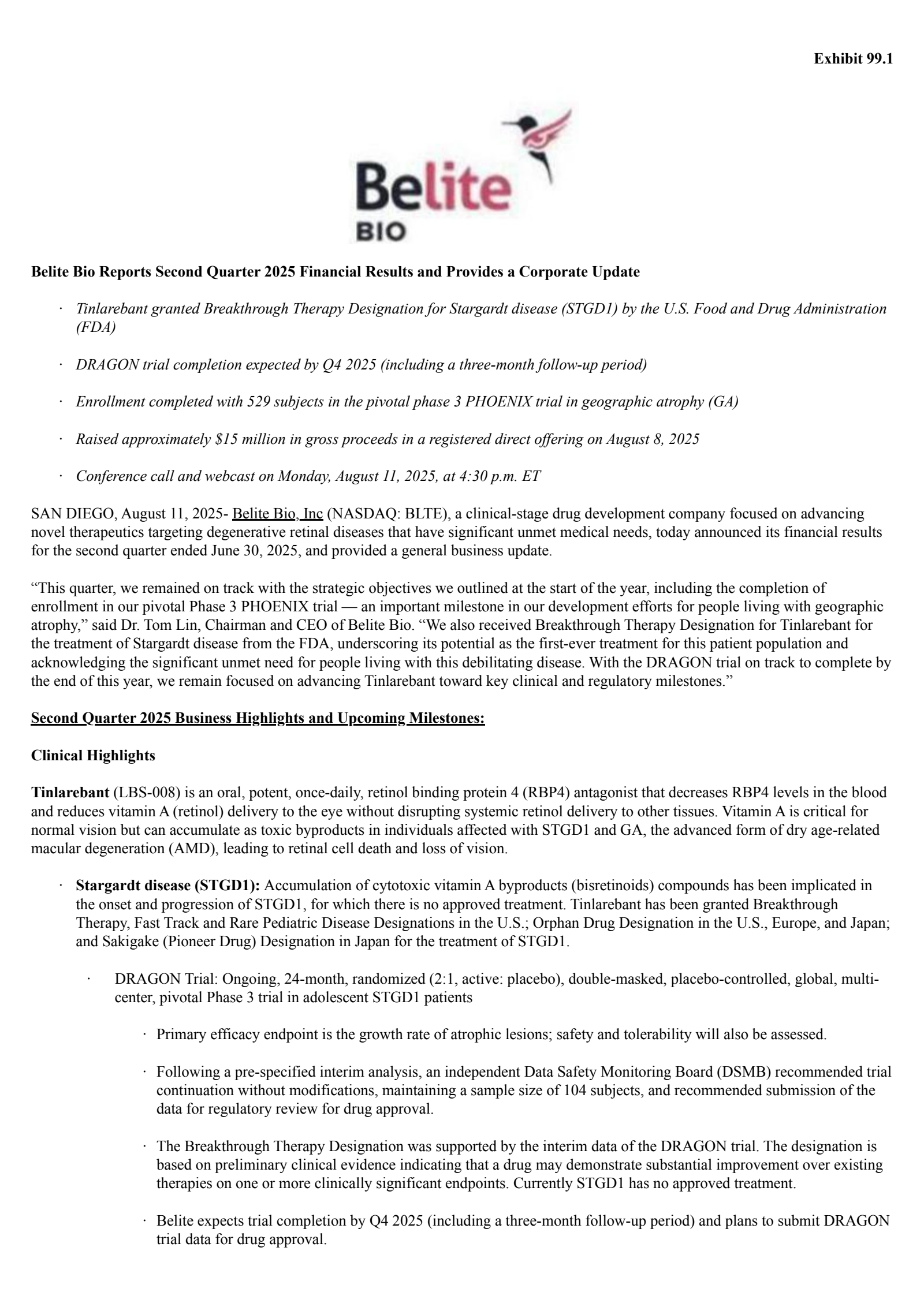 Belite Bio's Q2 2025 Press Release