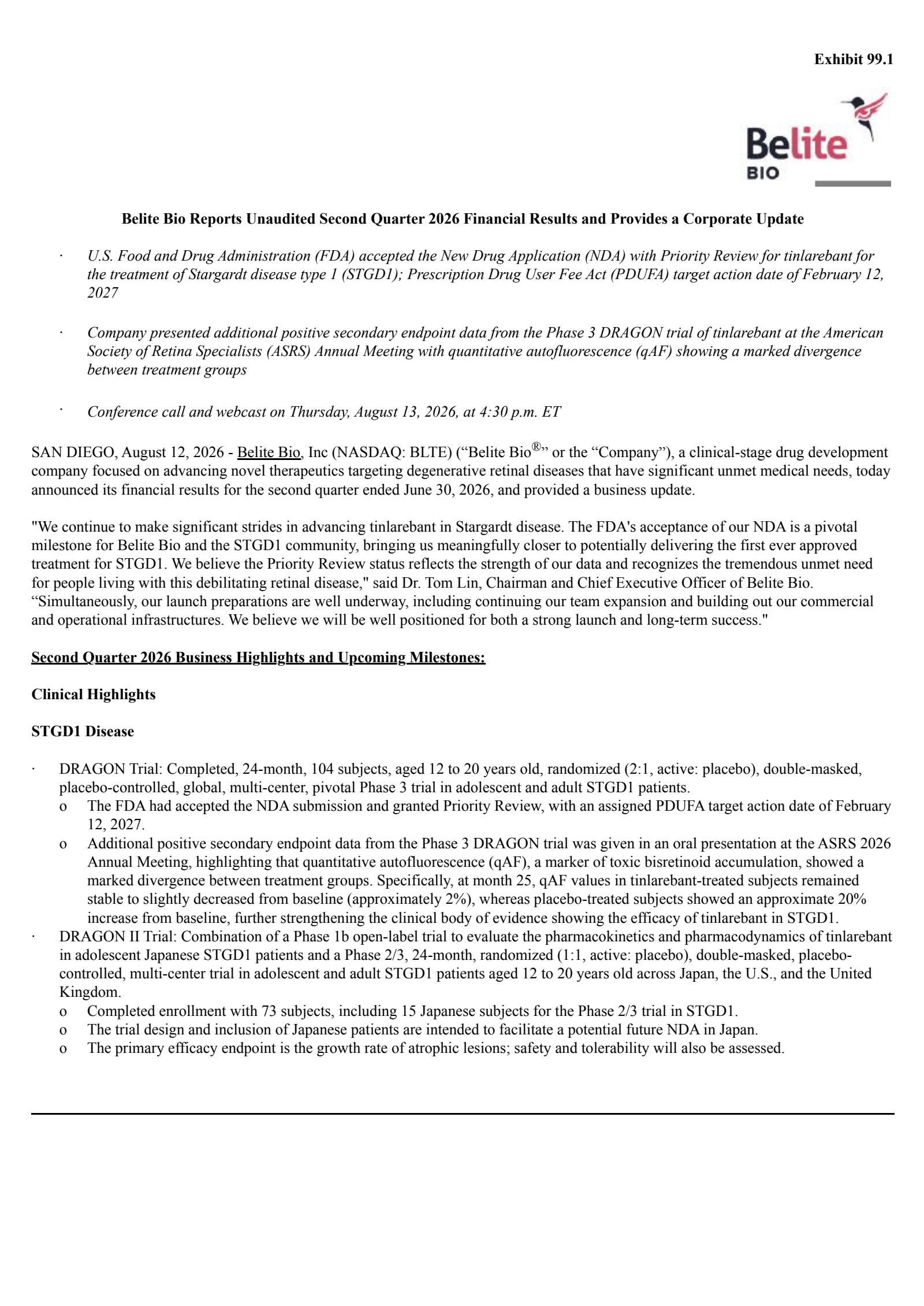 Belite Bio's Q2 2026 Press Release
