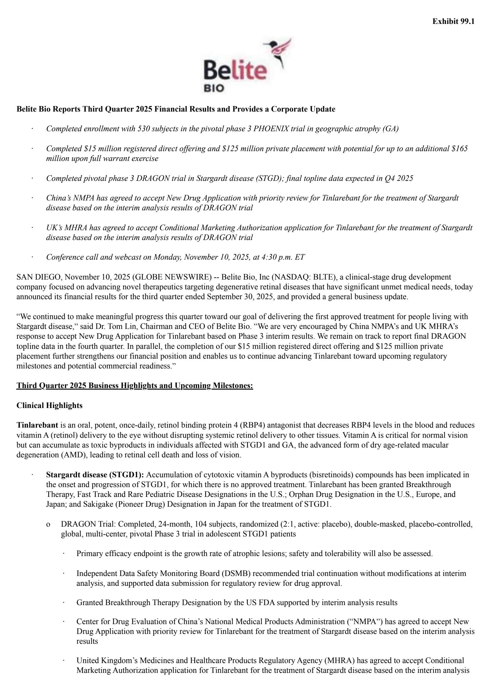 Belite Bio's Q3 2025 Earnings Release