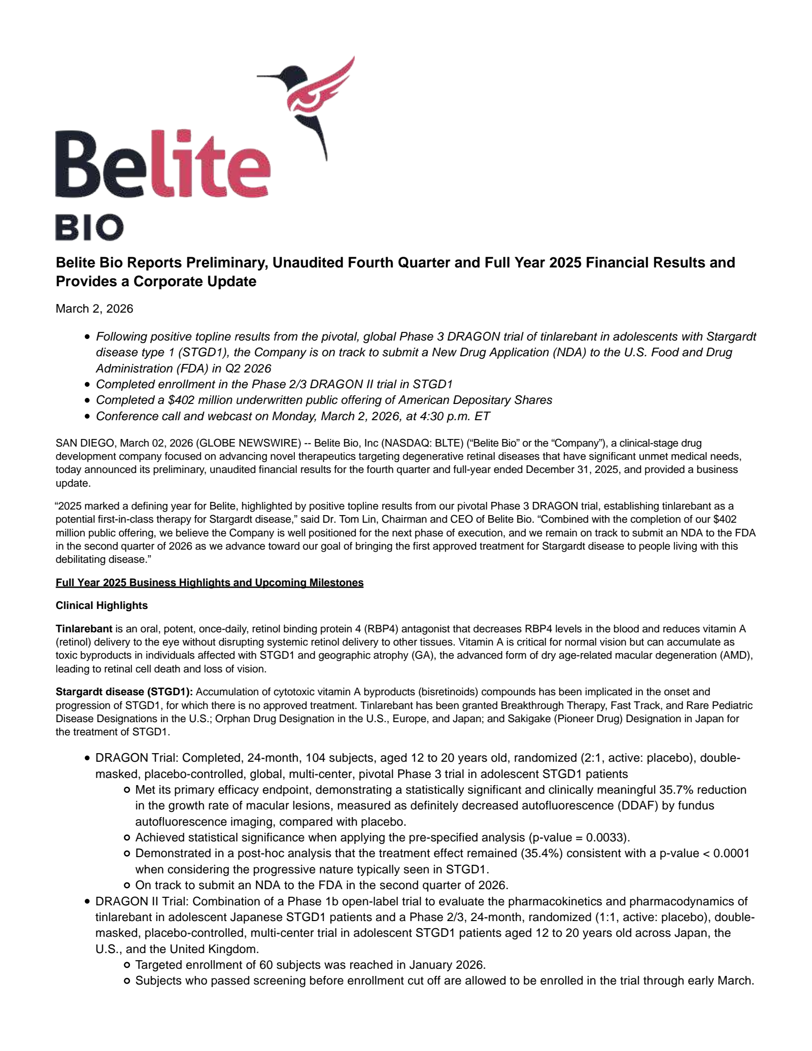 Belite Bio's Q4 2025 Press Release