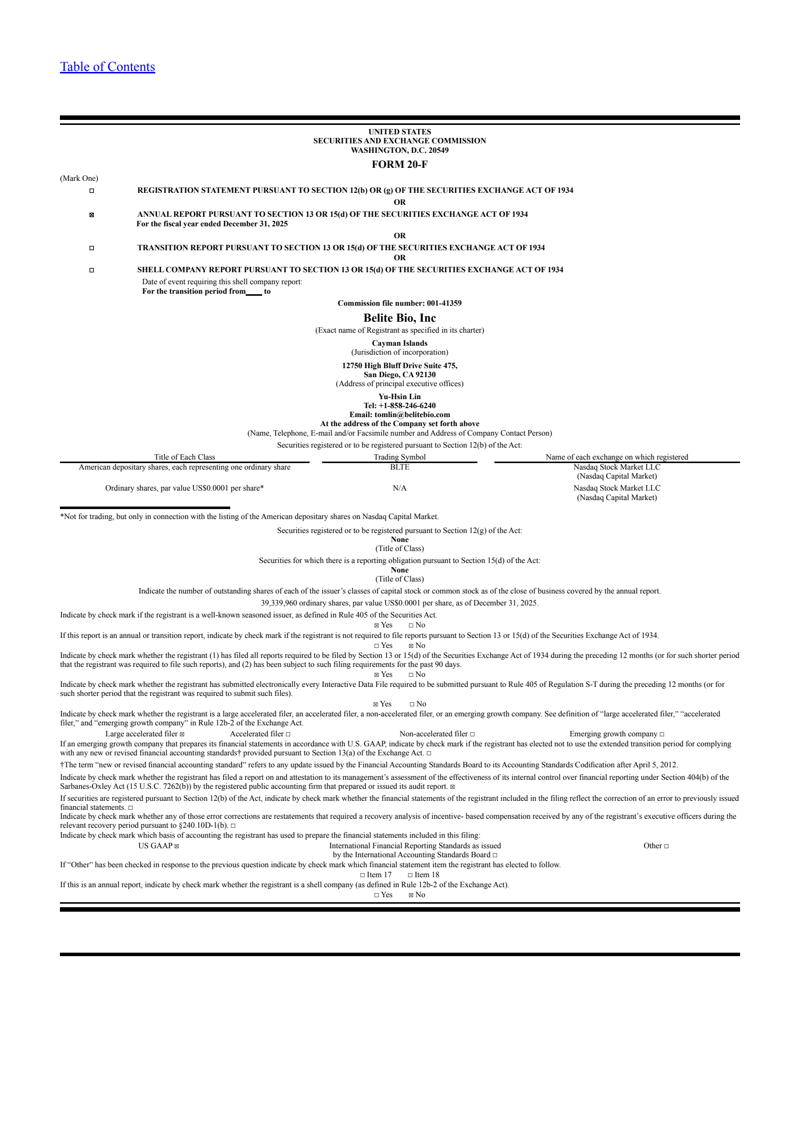 Belite Bio's Q4 2025 Annual report