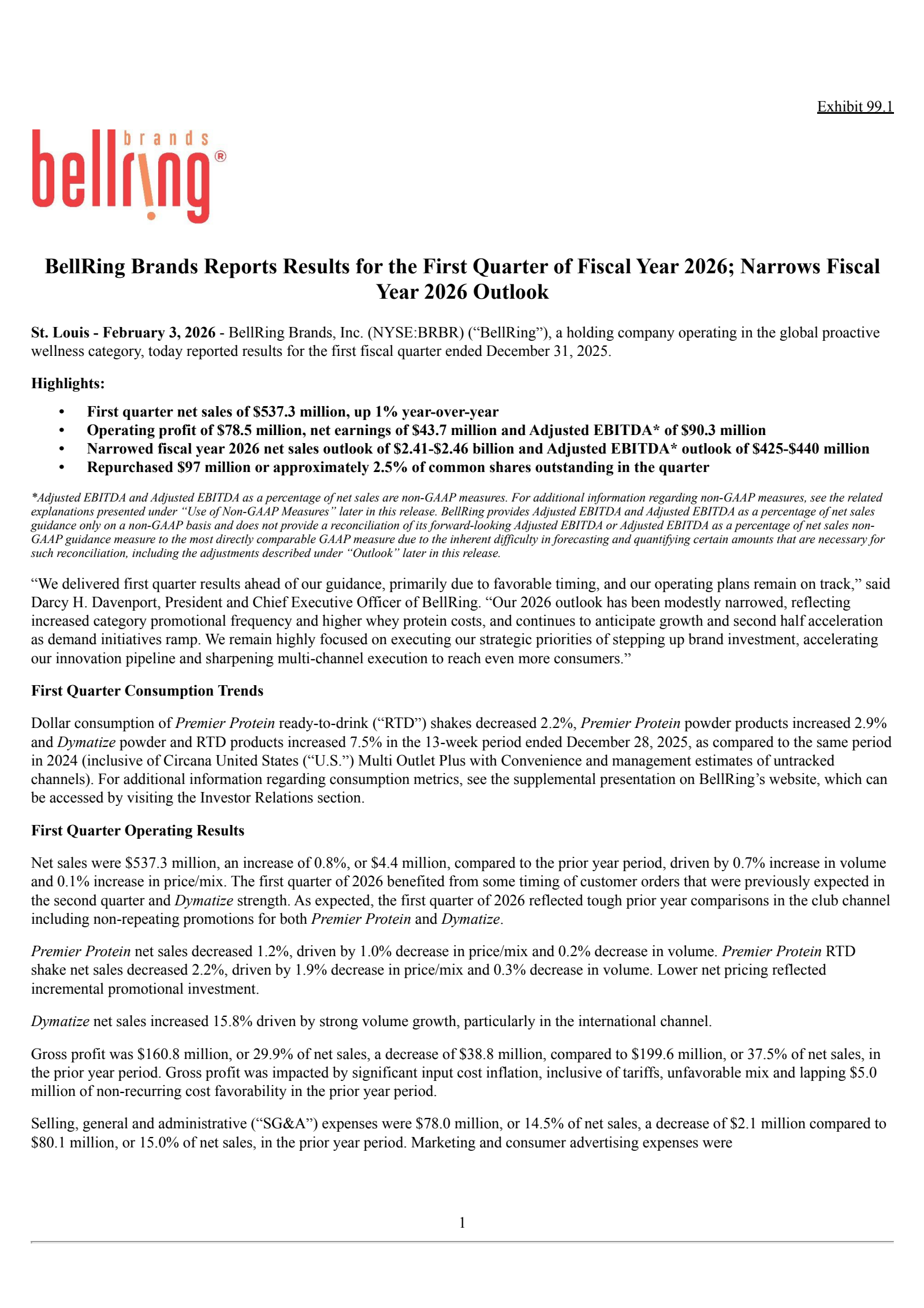 BellRing Brands' Q1 2026 Press Release
