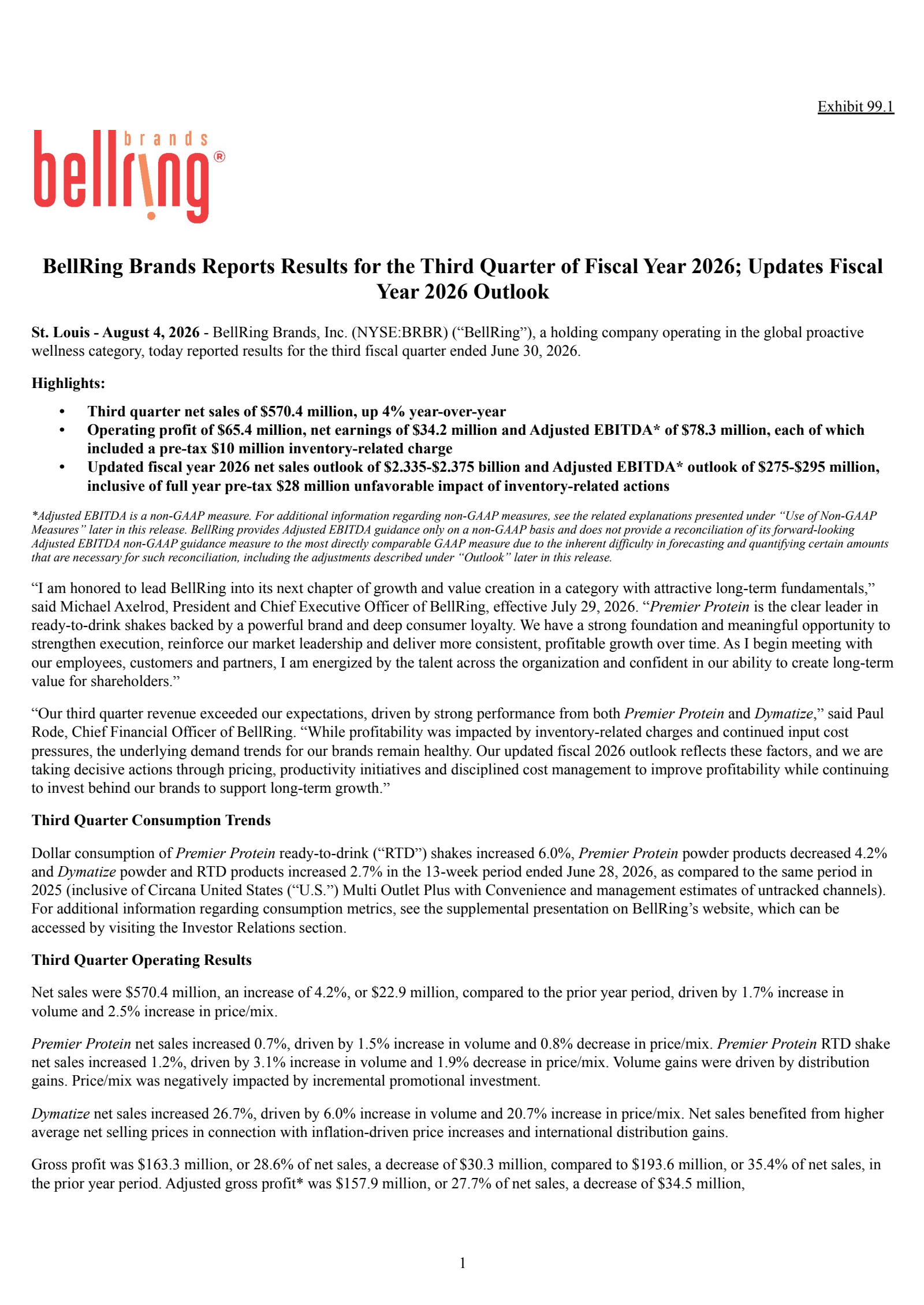 BellRing Brands' Q3 2026 Press Release