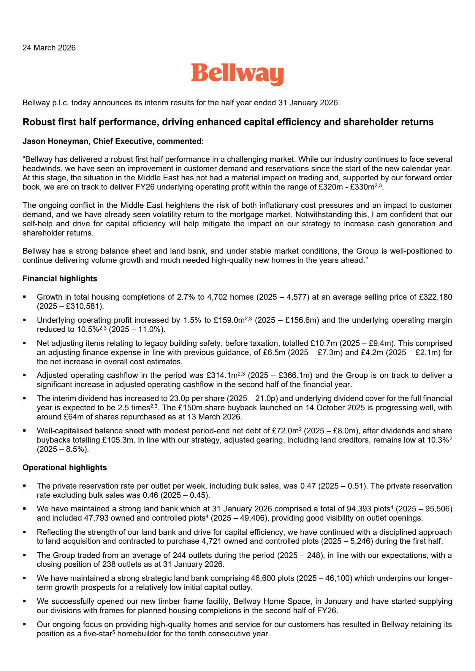 Bellway's H1 2026 Interim report