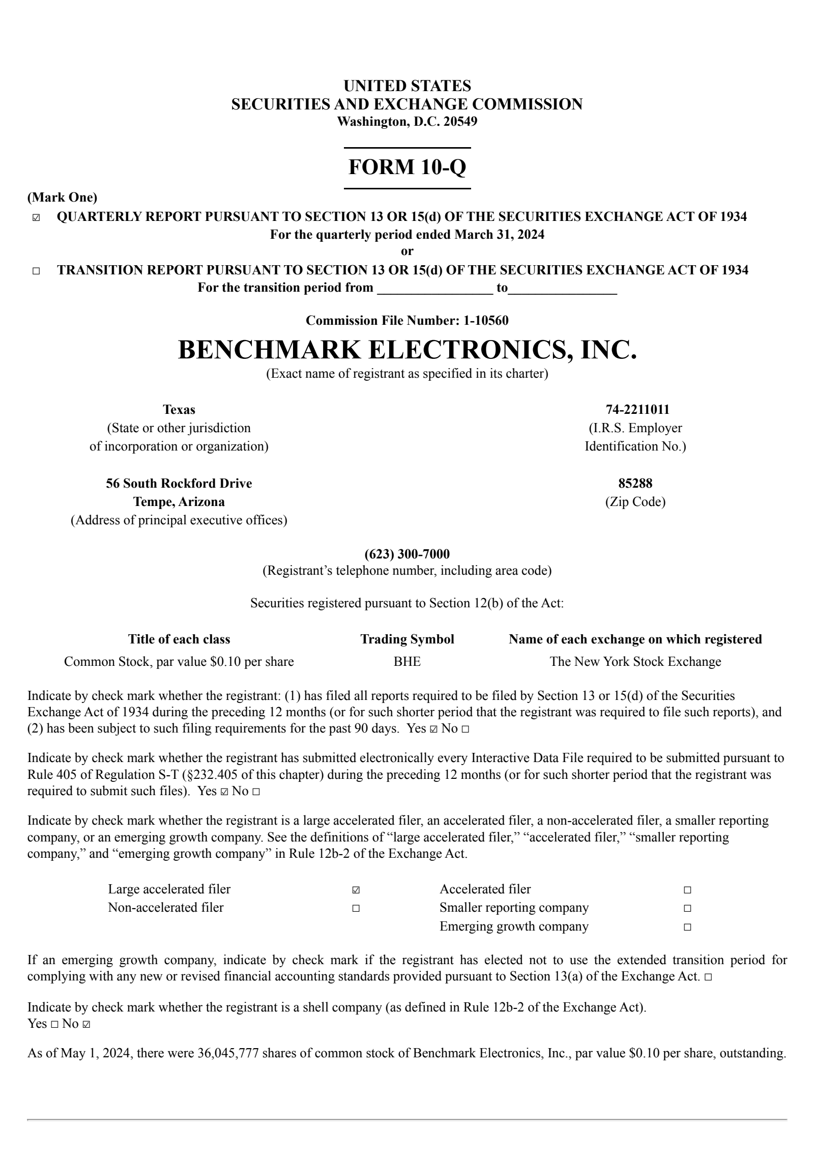 Benchmark Electronics' Q1 2024 Quarterly report