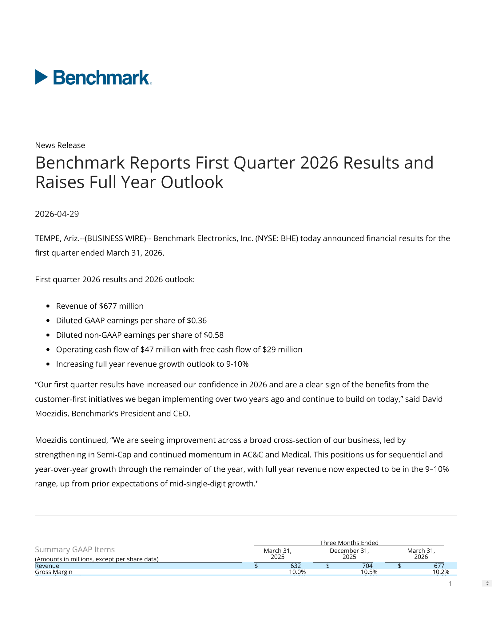 Benchmark Electronics' Q1 2026 Press Release