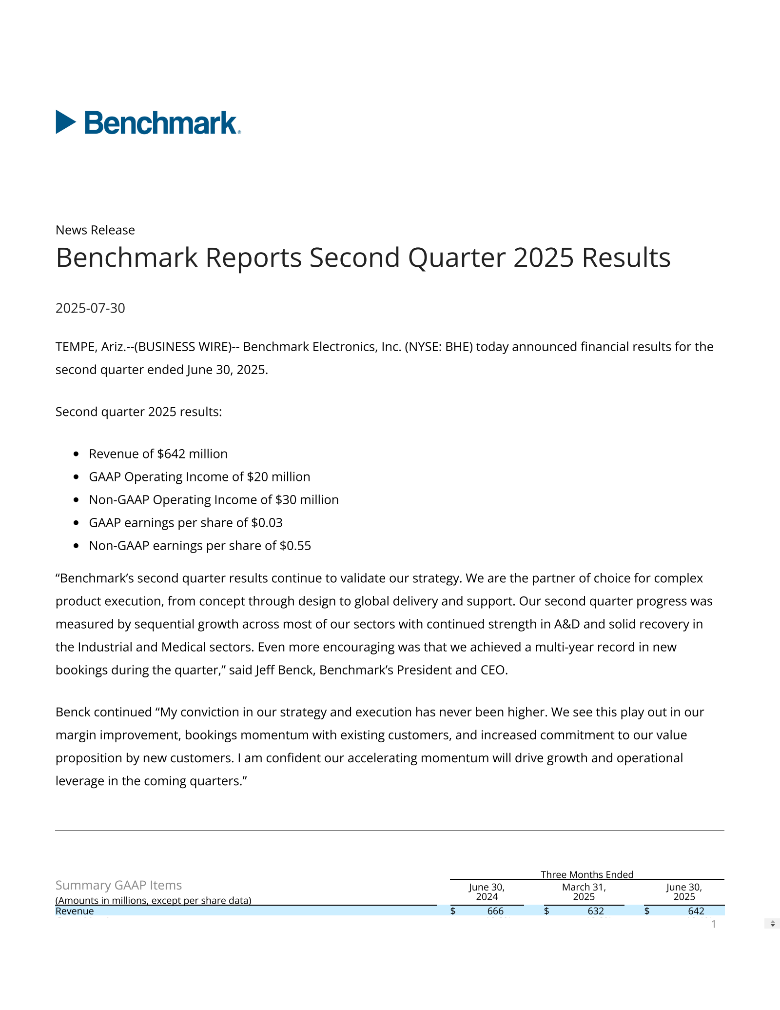 Benchmark Electronics' Q2 2025 Press Release
