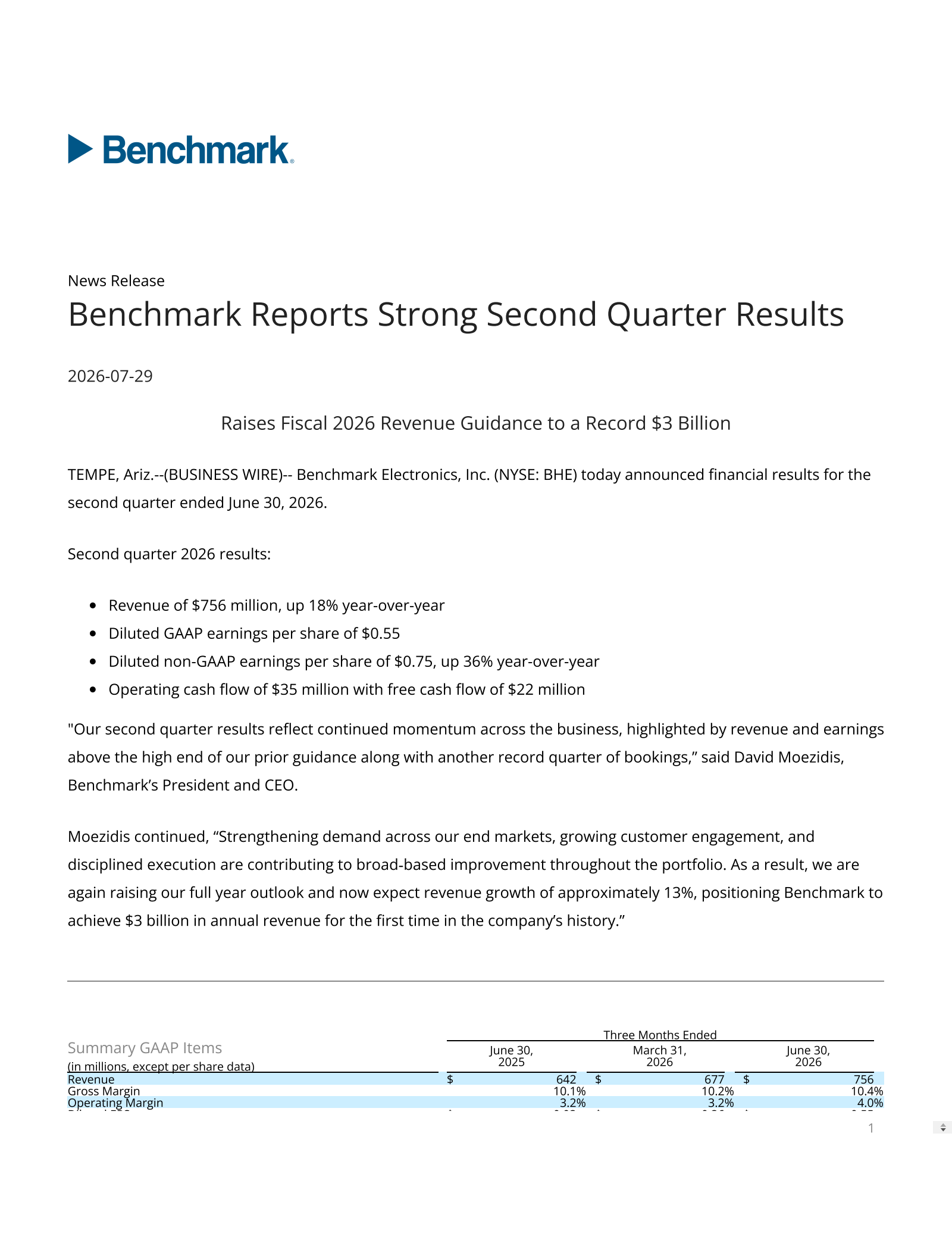 Benchmark Electronics' Q2 2026 Press Release