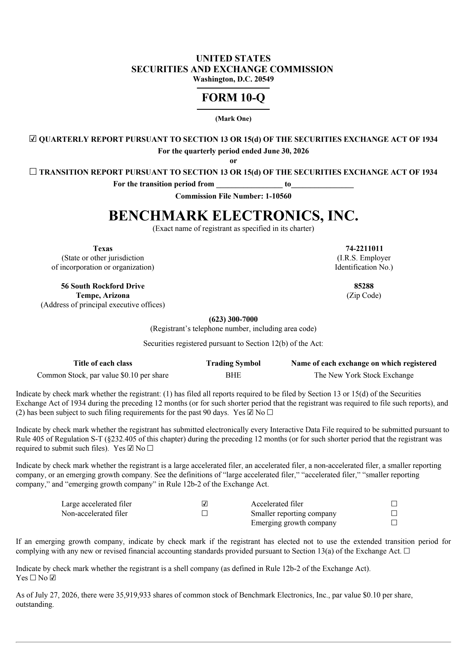 Benchmark Electronics' Q2 2026 Quarterly report