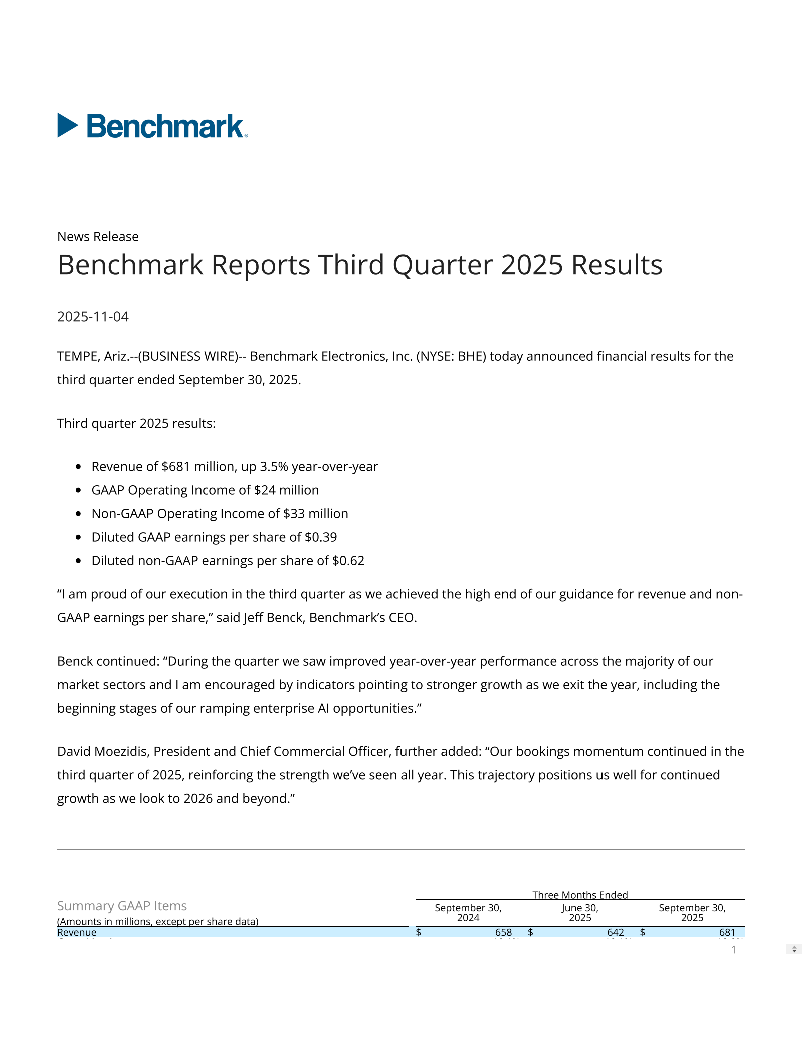 Benchmark Electronics' Q3 2025 Earnings Release