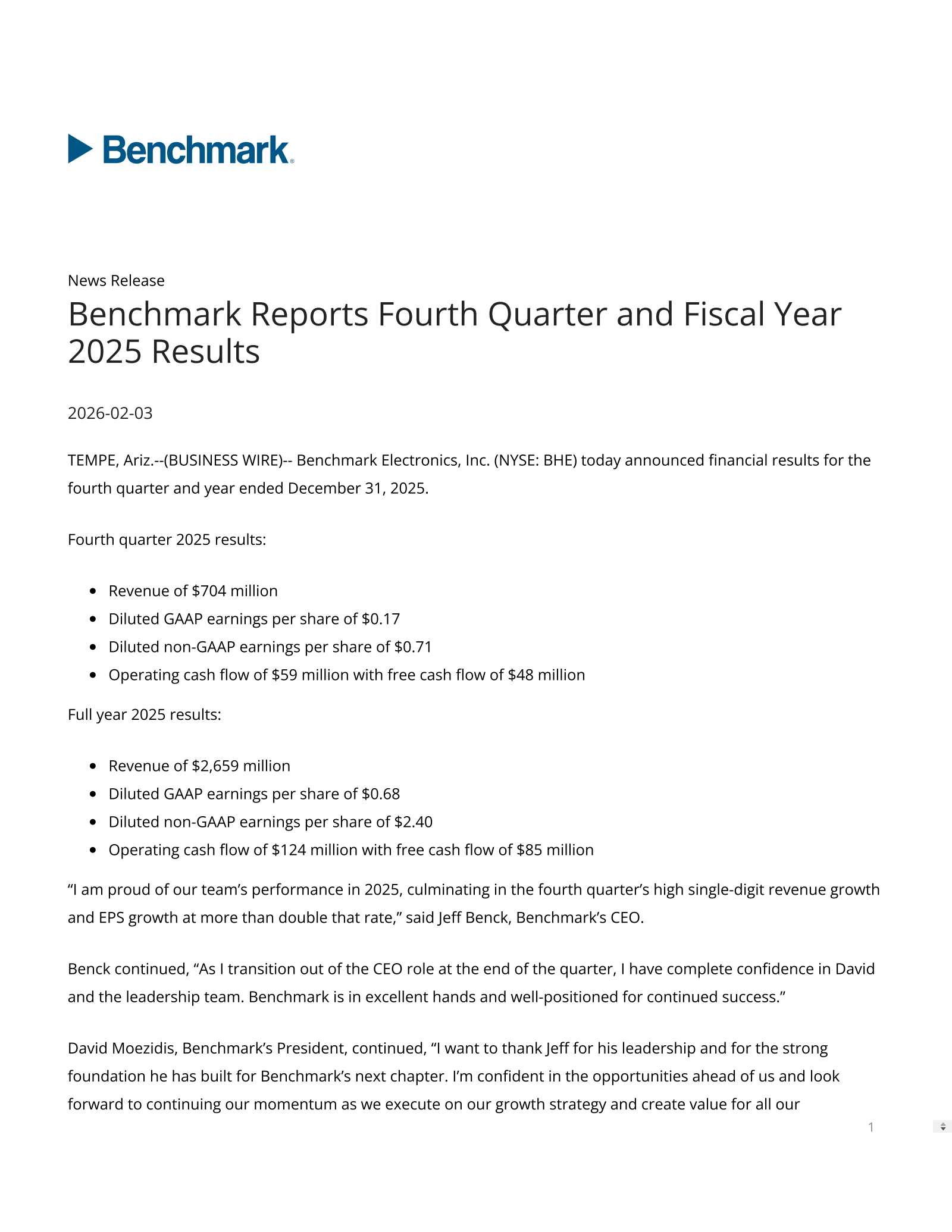 Benchmark Electronics' Q4 2025 Press Release