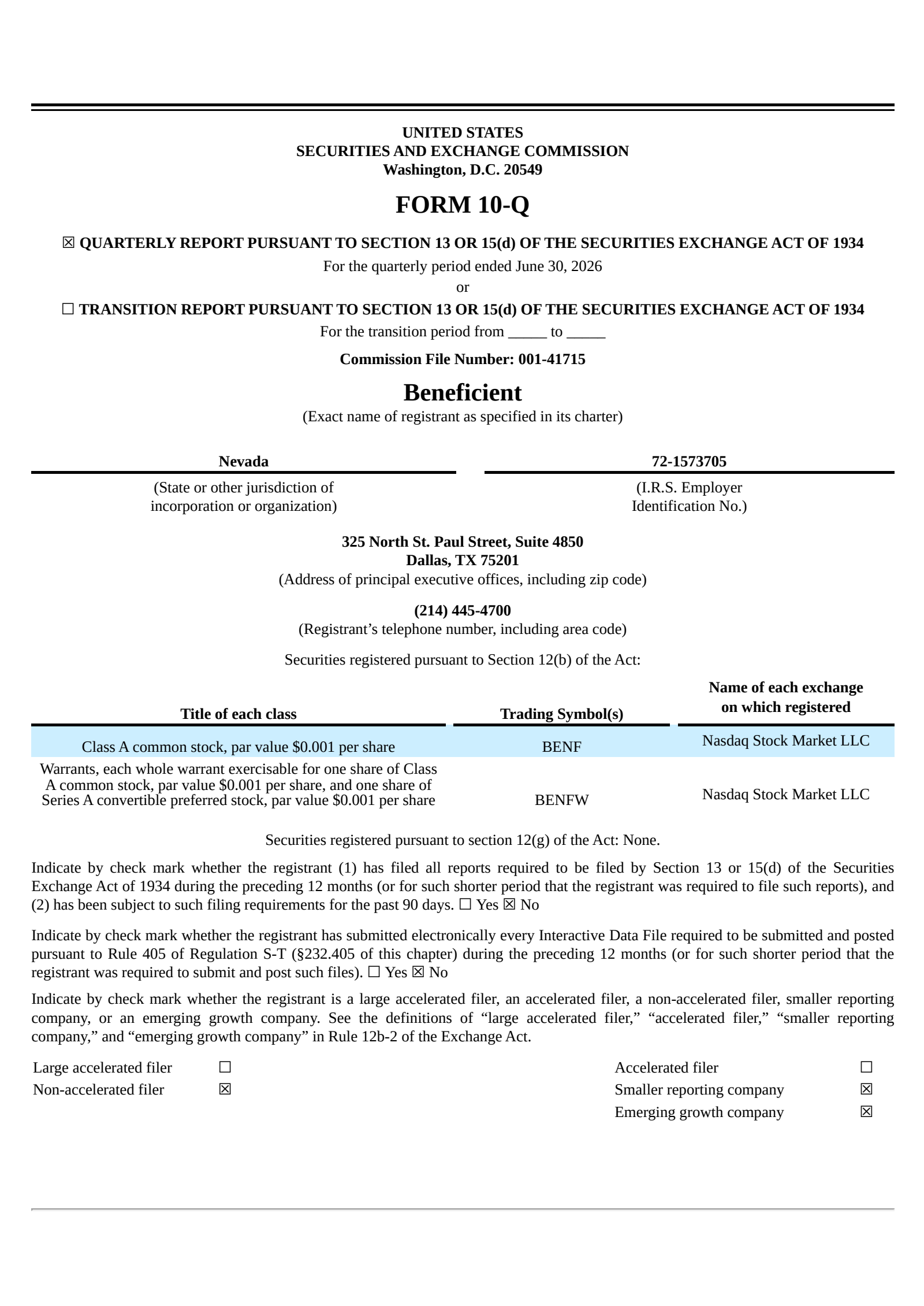 Beneficient's Q1 2027 Quarterly report