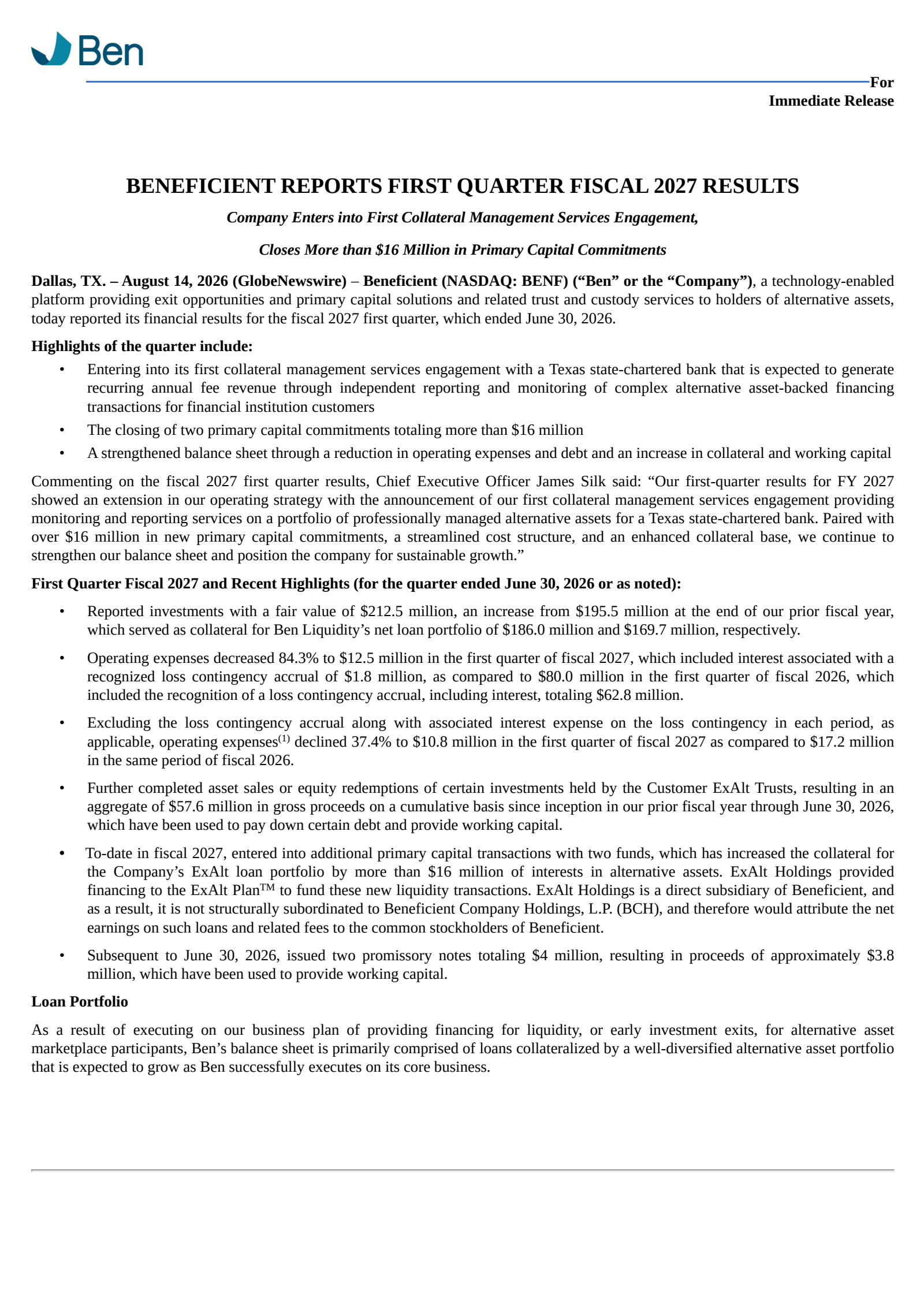 Beneficient's Q1 2027 Press Release
