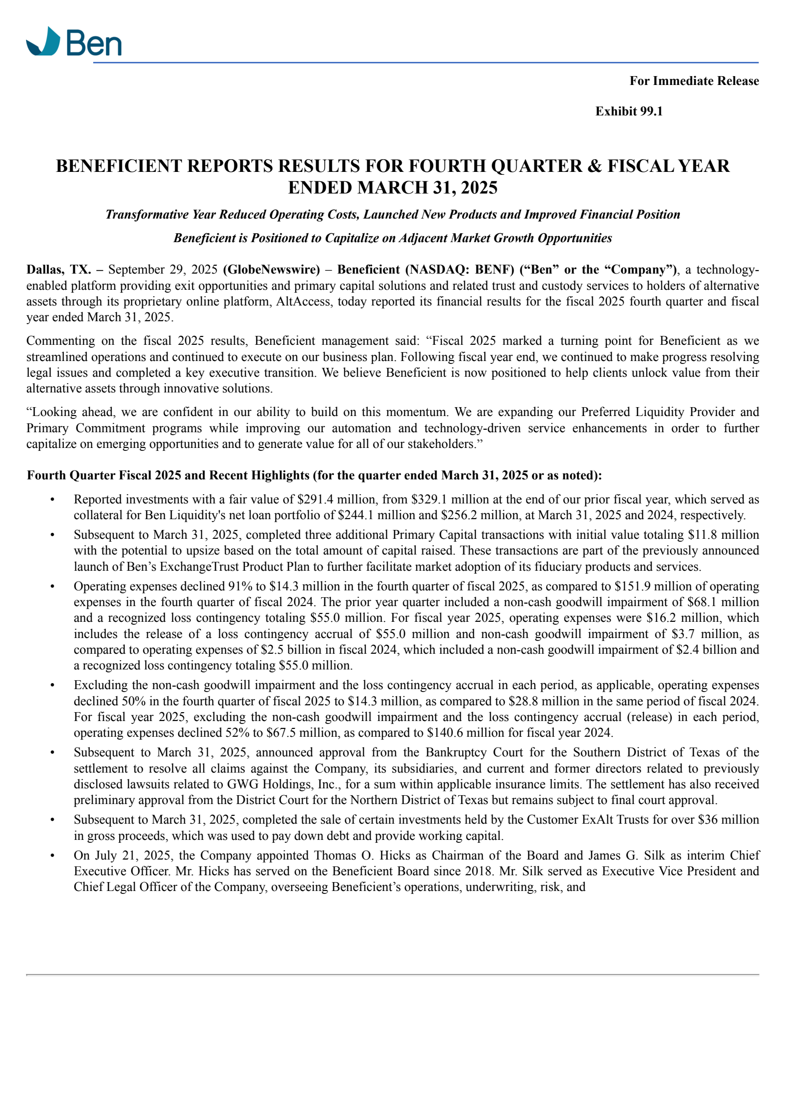 Beneficient's Q4 2025 Earnings Release