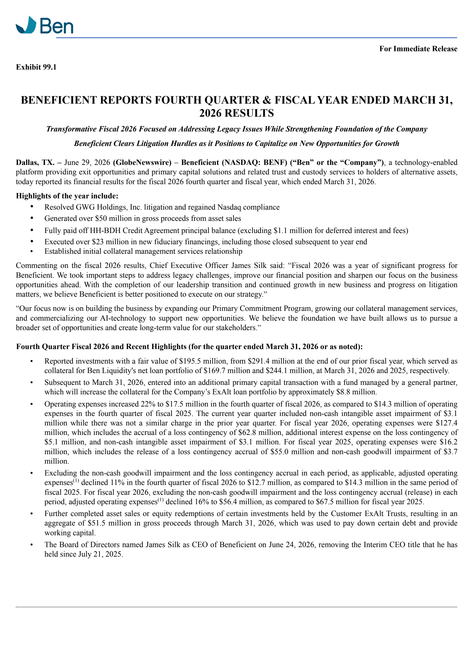Beneficient's Q4 2026 Press Release