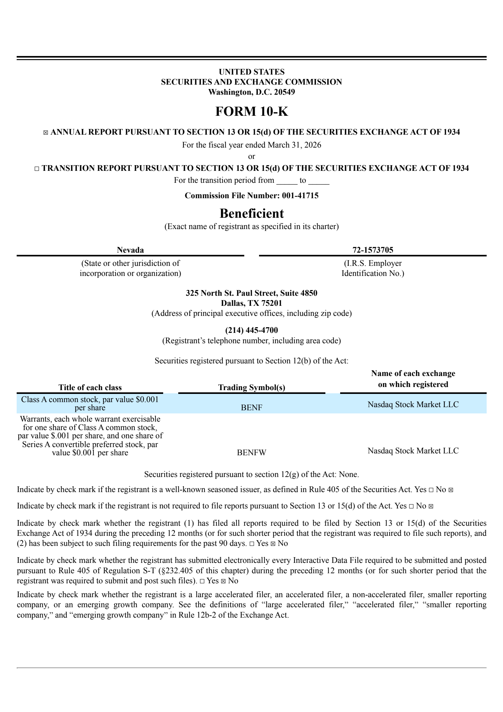 Beneficient's Q4 2026 Annual report