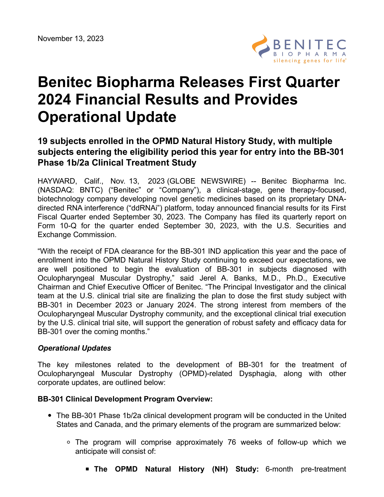 Benitec Biopharma's Q1 2024 Press Release