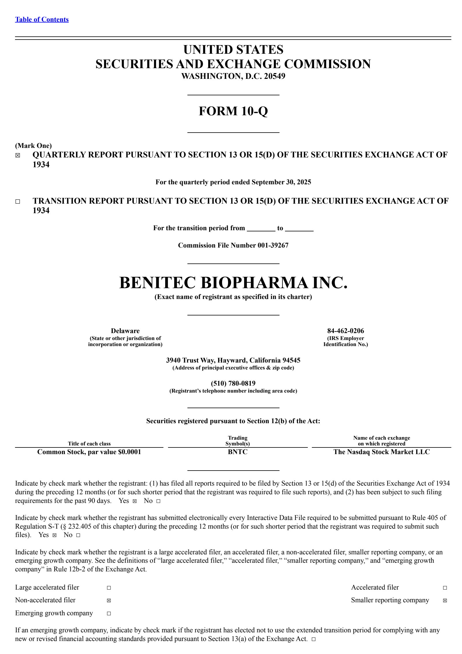 Benitec Biopharma's Q1 2026 Quarterly Report
