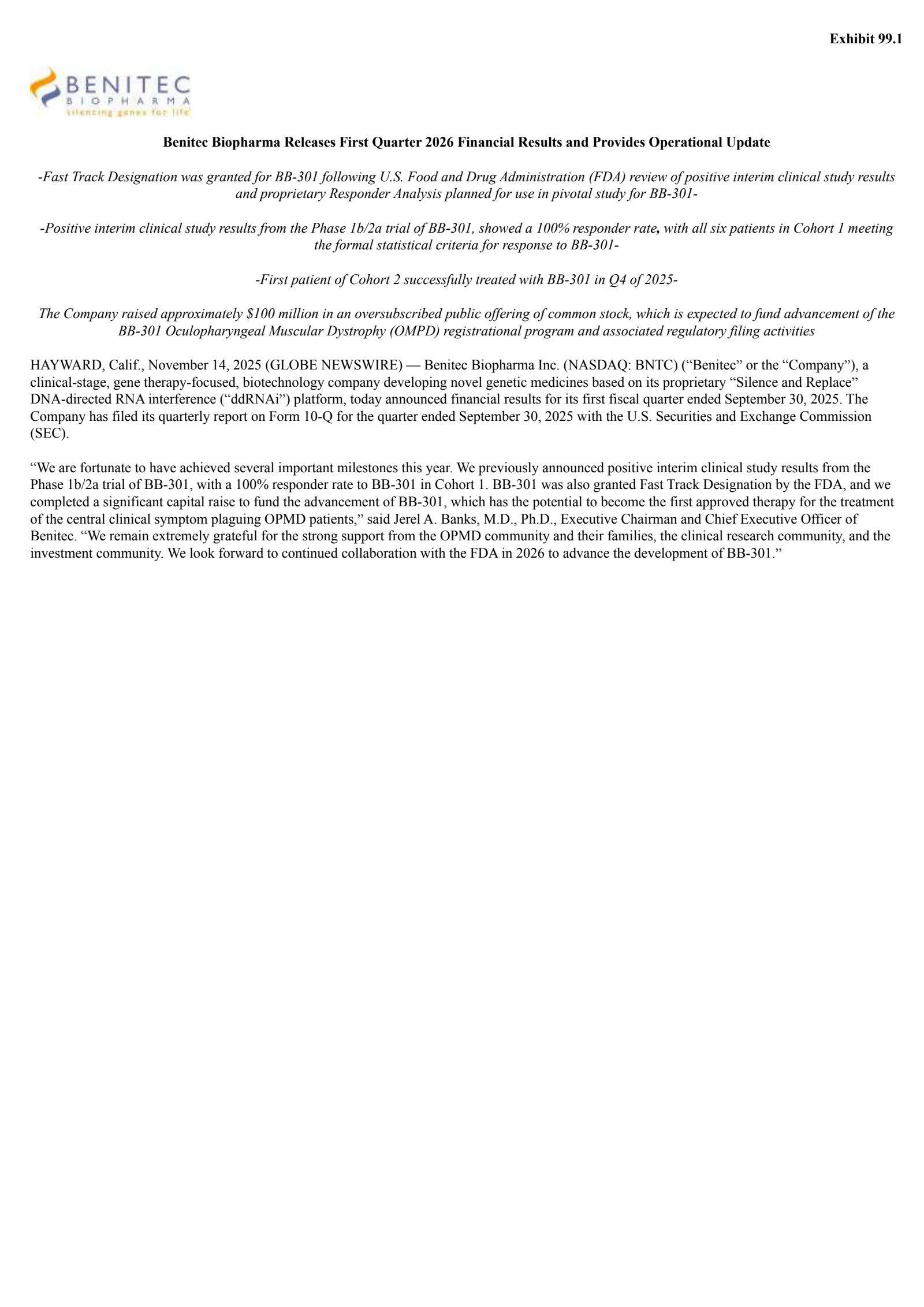 Benitec Biopharma's Q1 2026 Earnings Release