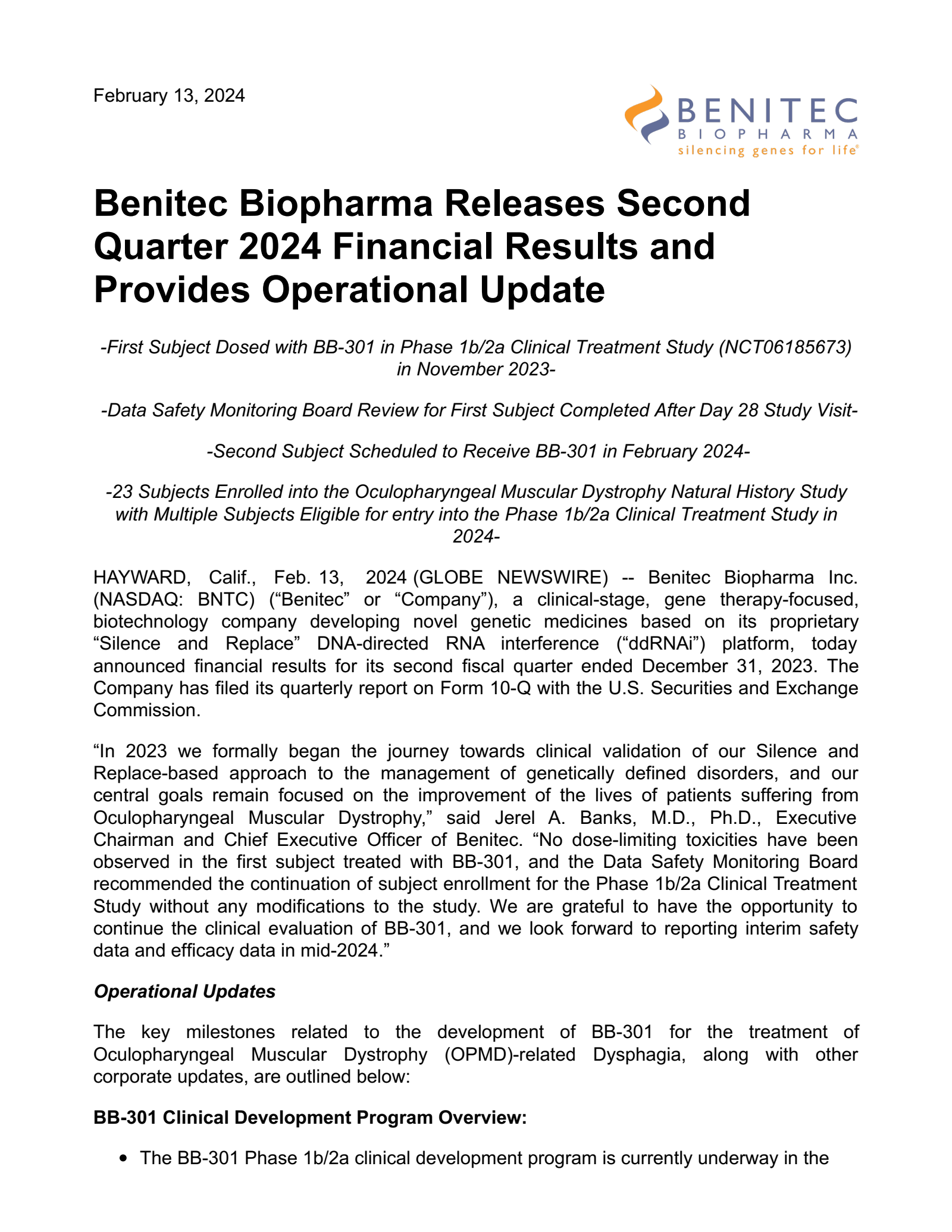 Benitec Biopharma's Q2 2024 Press Release