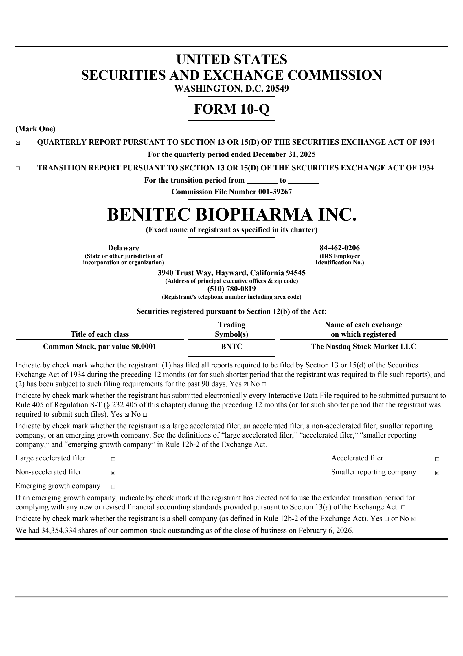 Benitec Biopharma's Q2 2026 Quarterly report