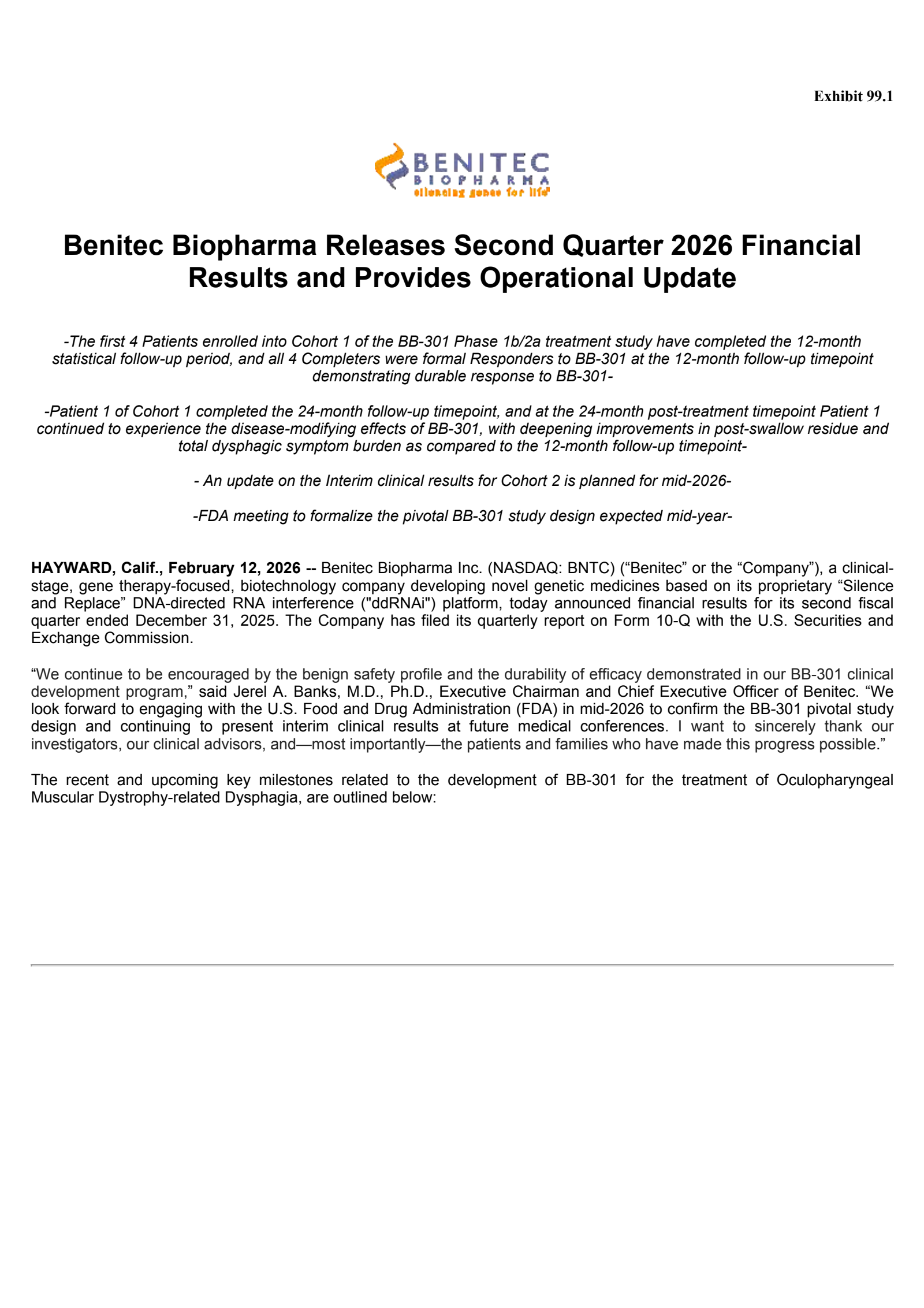 Benitec Biopharma's Q2 2026 Press Release