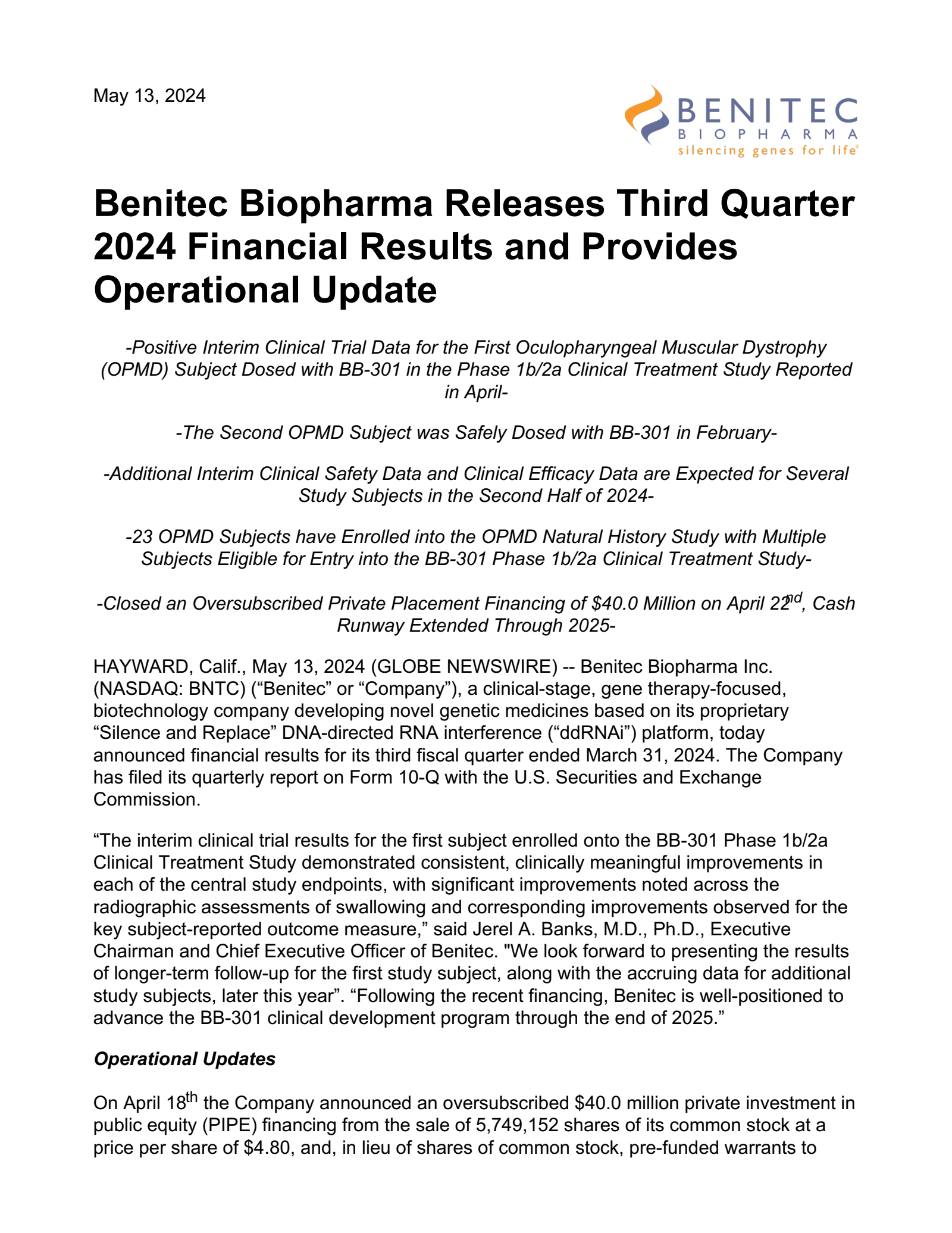 Benitec Biopharma's Q3 2024 Press Release