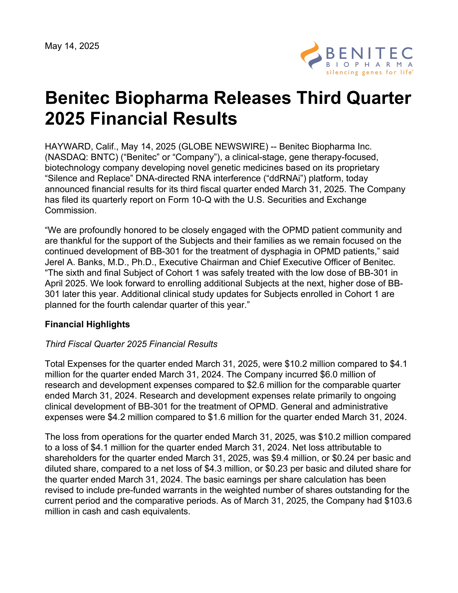 Benitec Biopharma's Q3 2025 Press Release