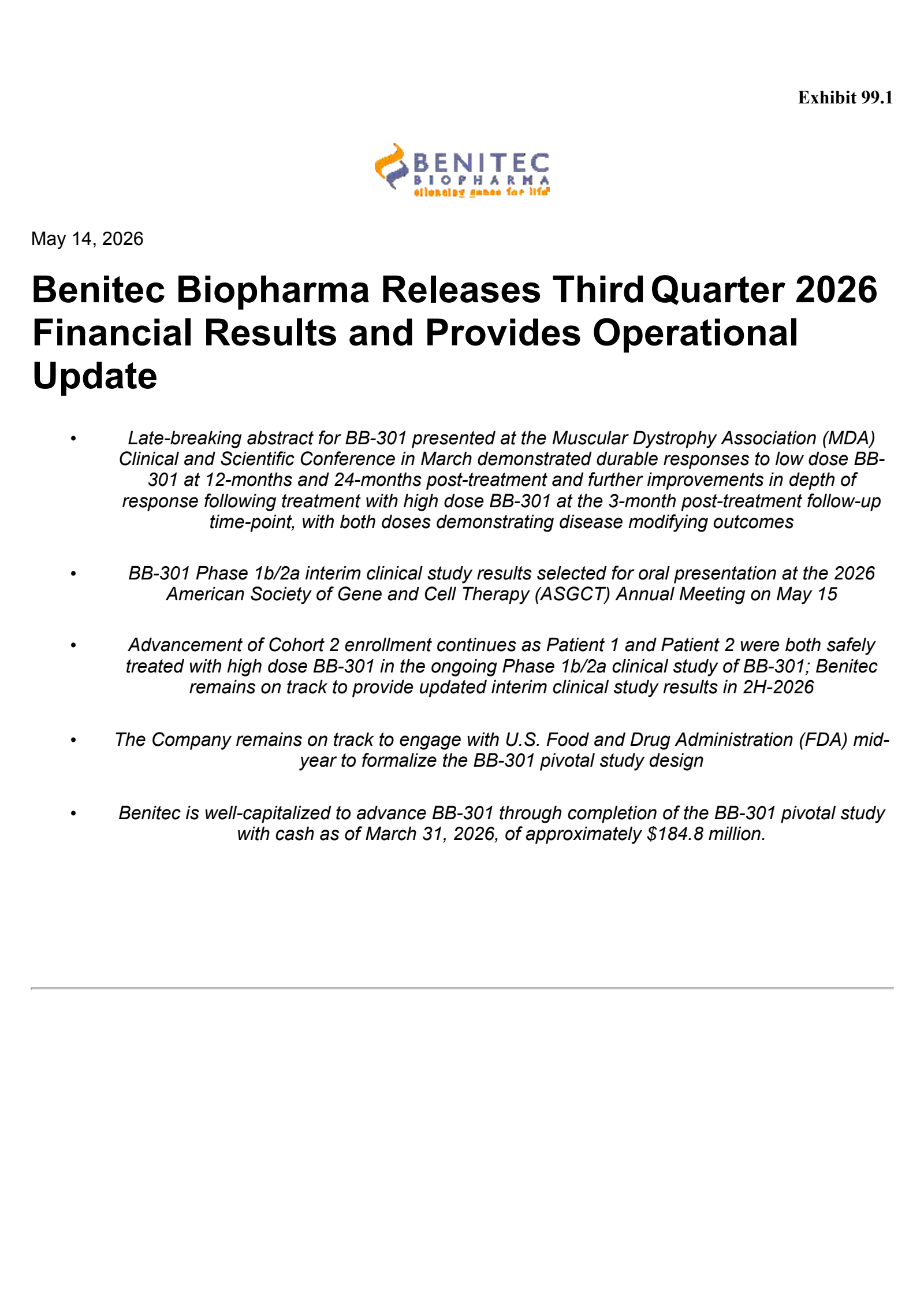 Benitec Biopharma's Q3 2026 Press Release