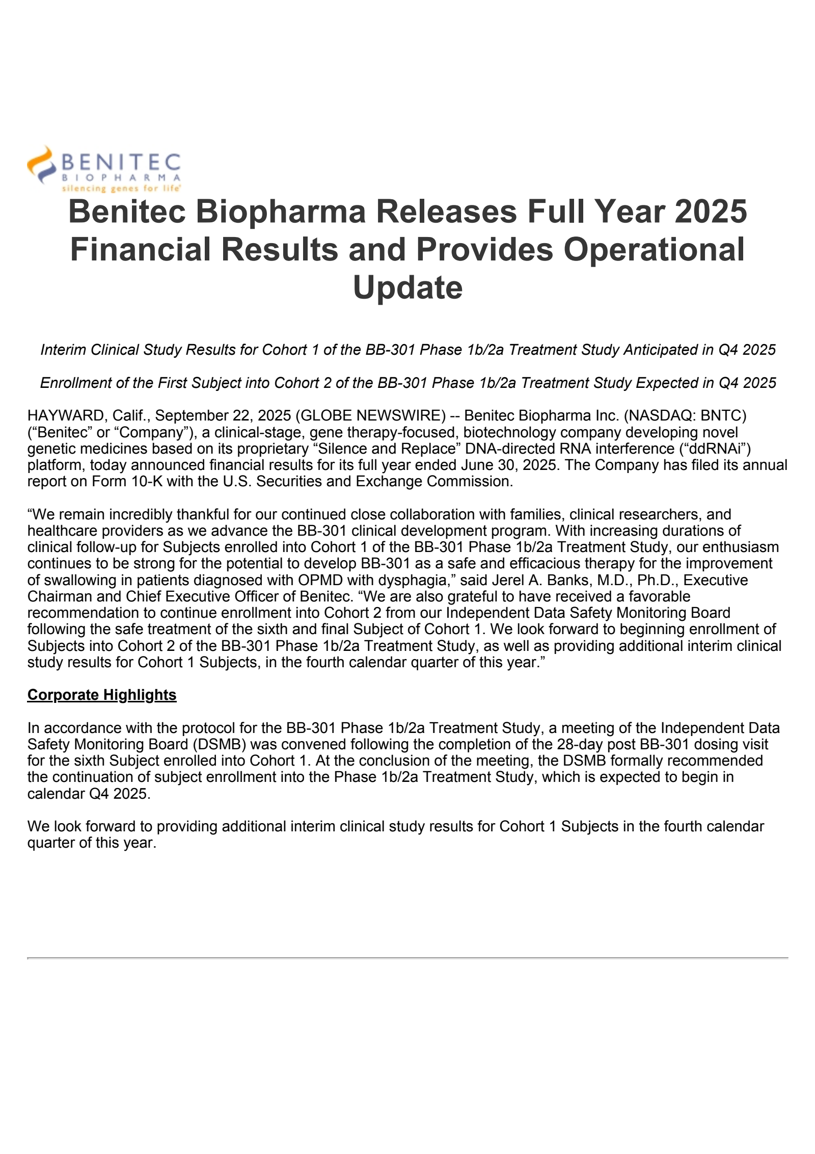 Benitec Biopharma's Q4 2025 Earnings Release
