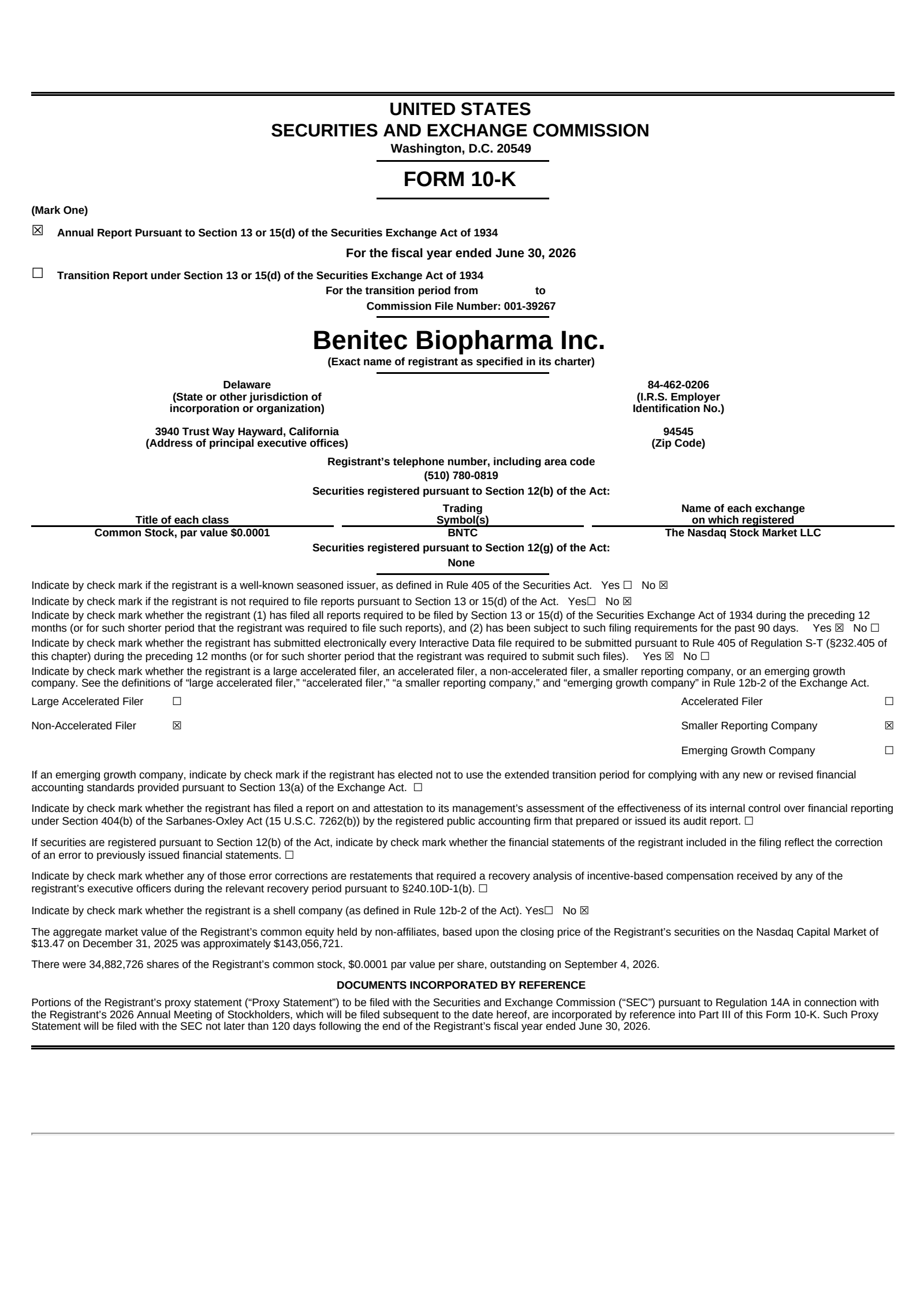Benitec Biopharma's Q4 2026 Annual report