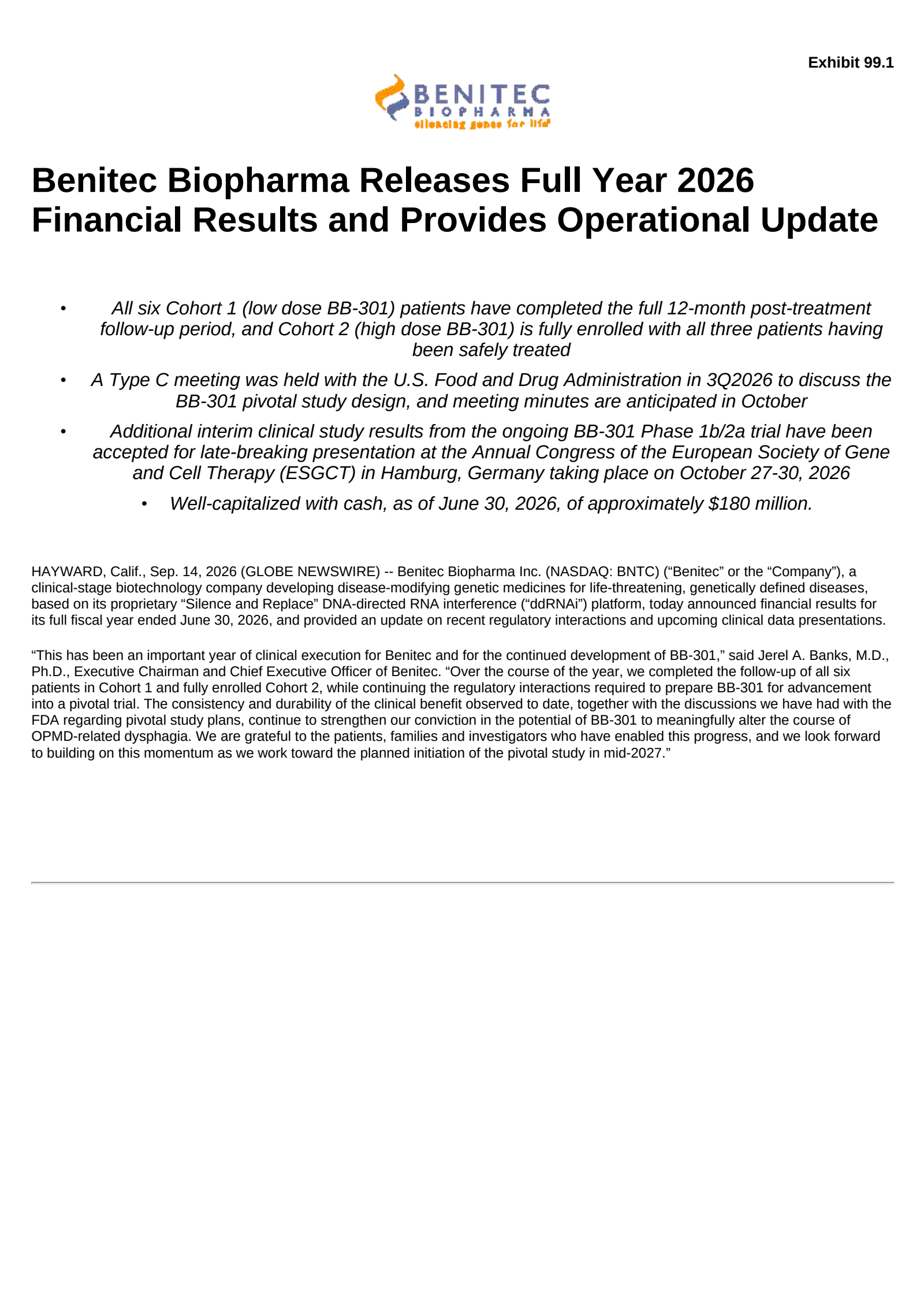 Benitec Biopharma's Q4 2026 Press Release
