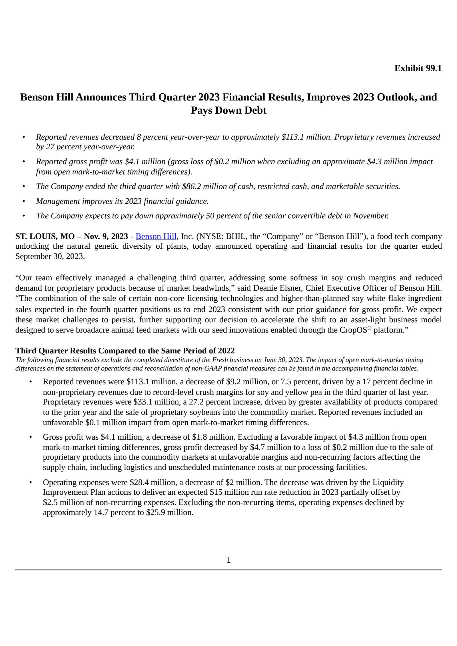Benson Hill's Q3 2023 Press Release