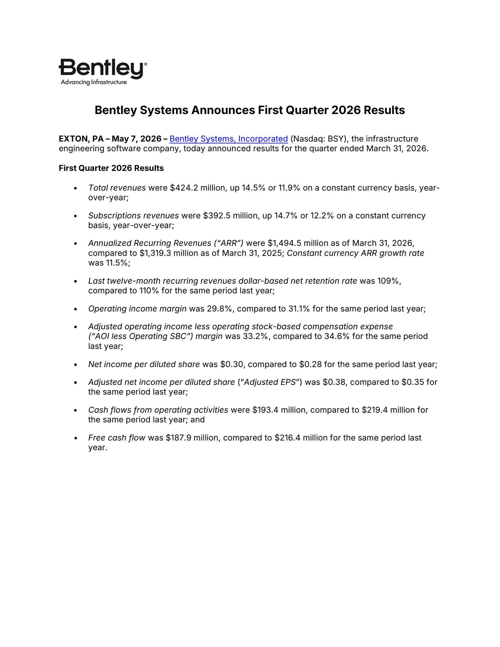 Bentley Systems' Q1 2026 Press Release