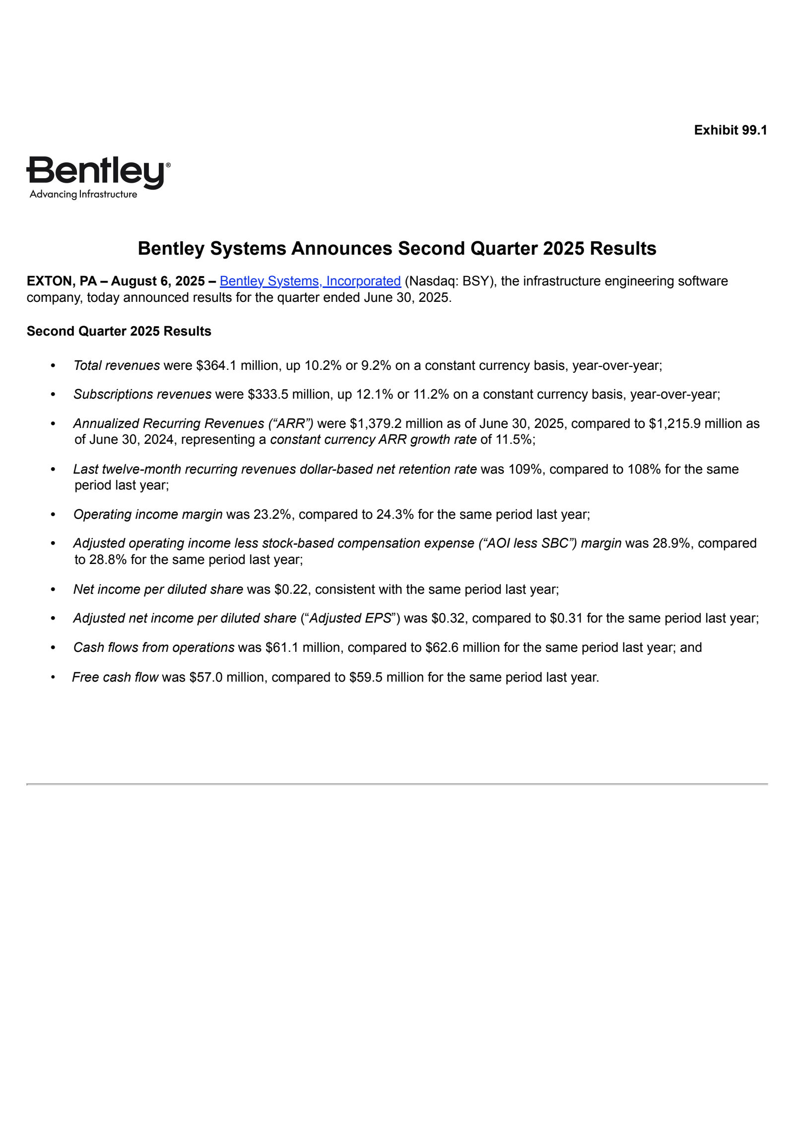 Bentley Systems' Q2 2025 Press Release