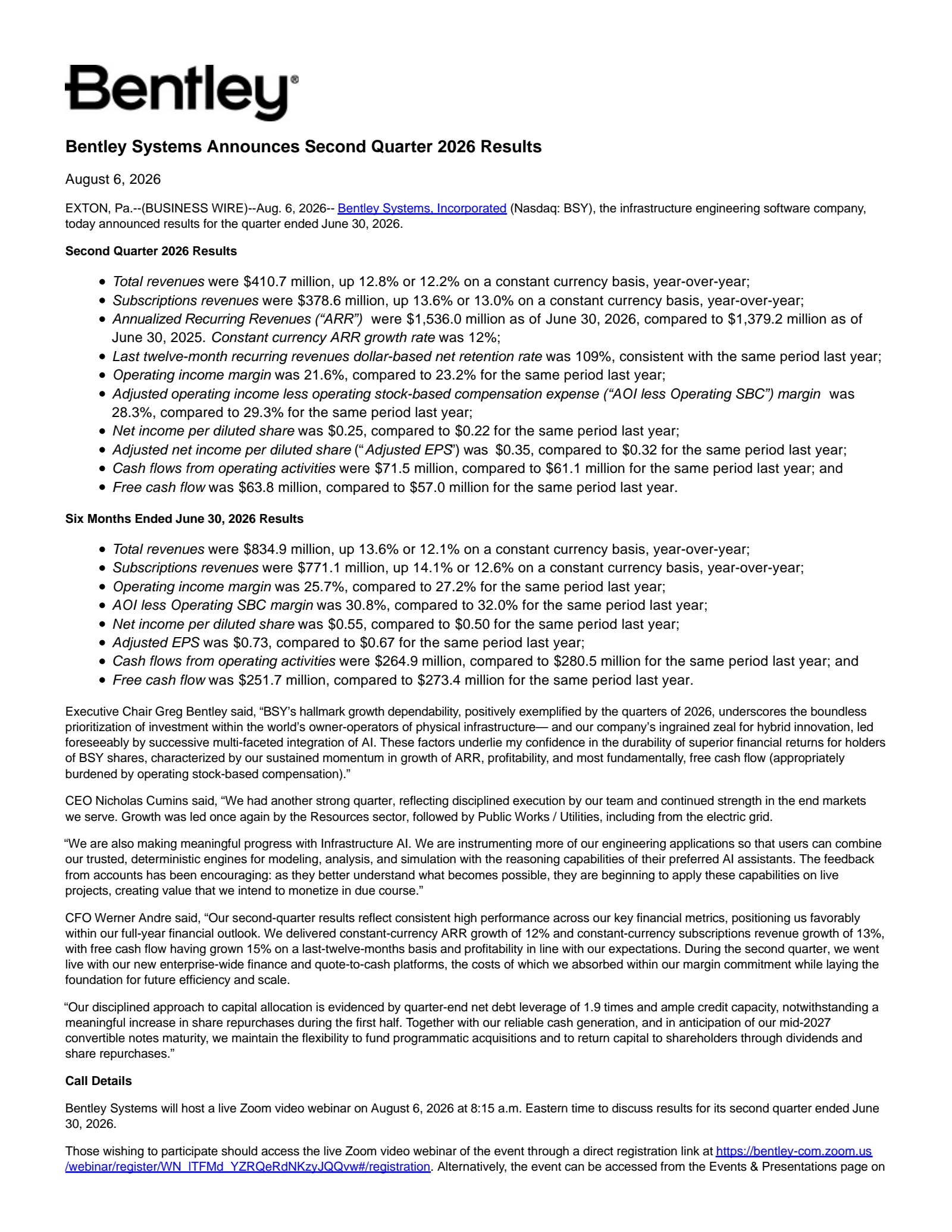 Bentley Systems' Q2 2026 Press Release