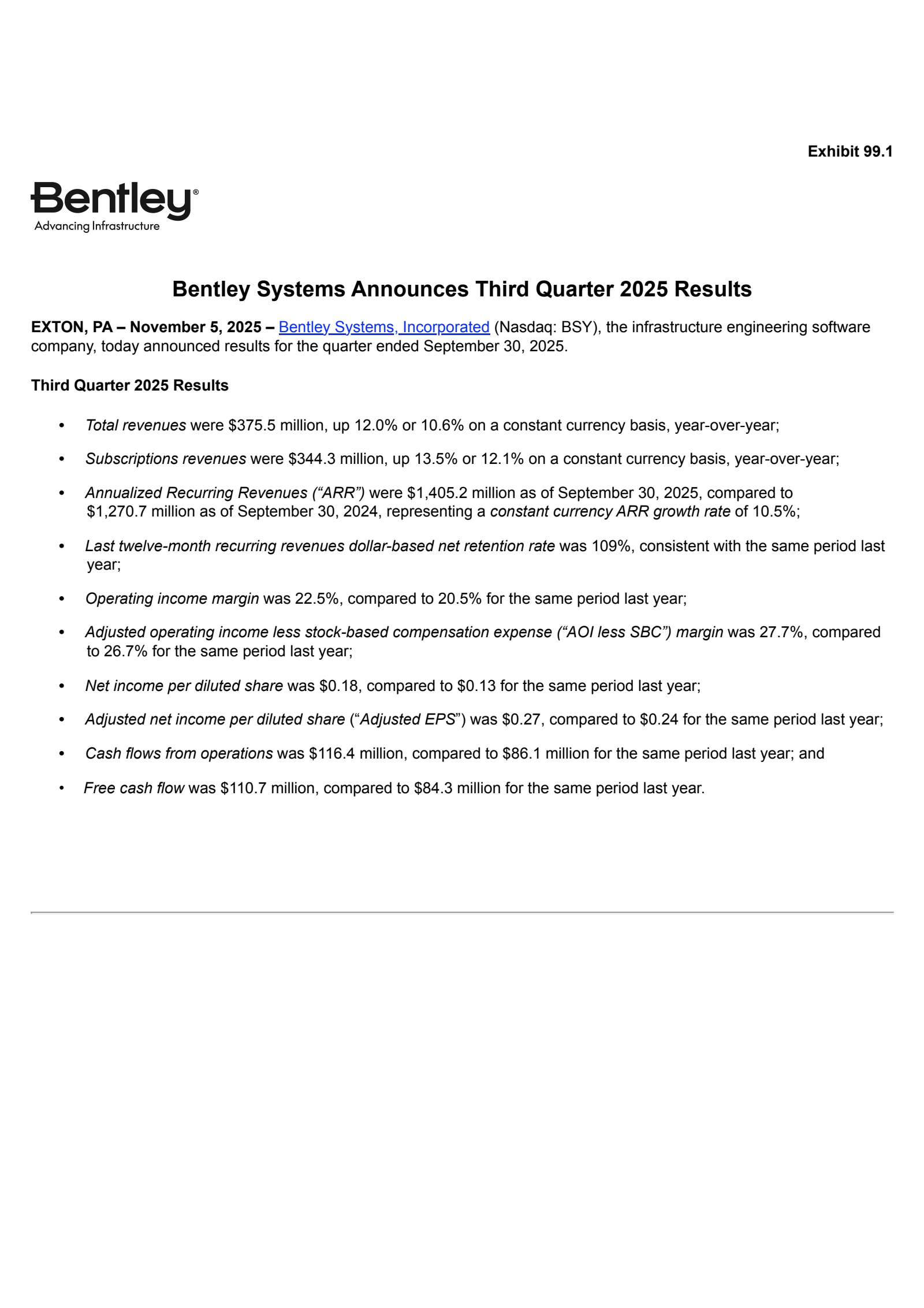 Bentley Systems' Q3 2025 Earnings Release