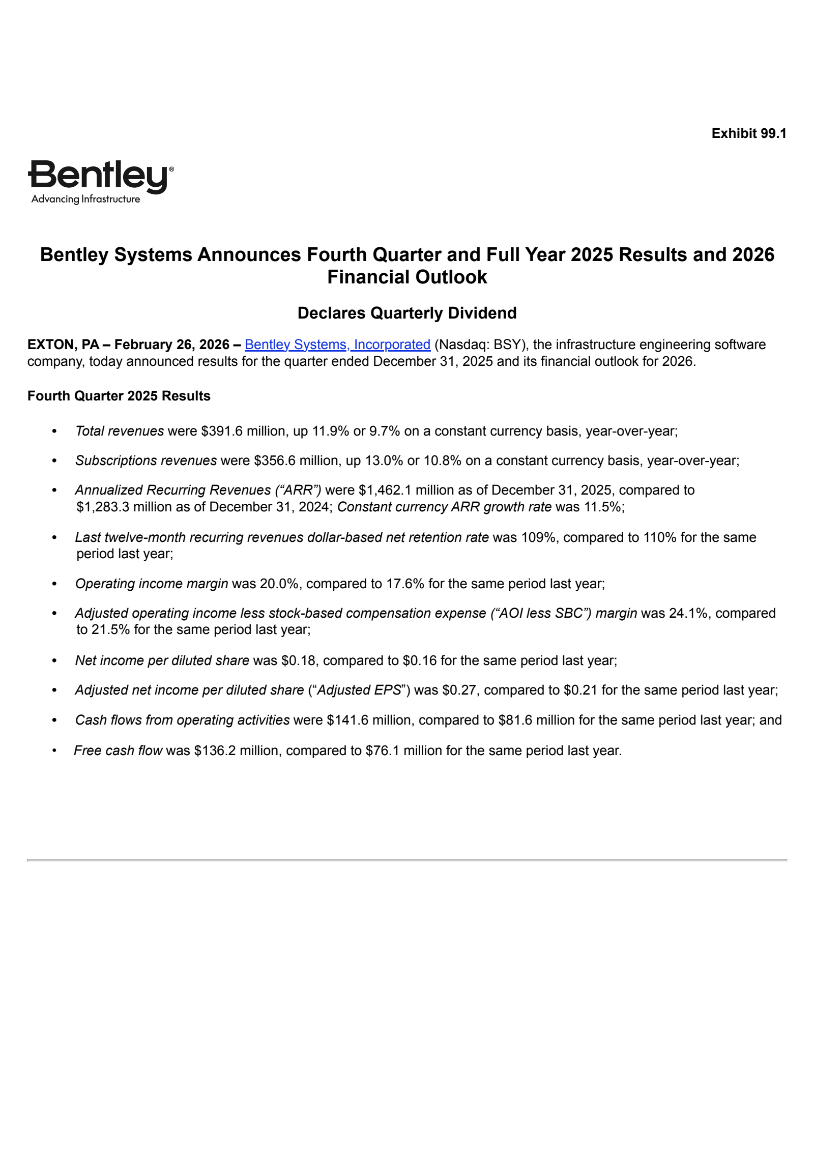 Bentley Systems' Q4 2025 Press Release