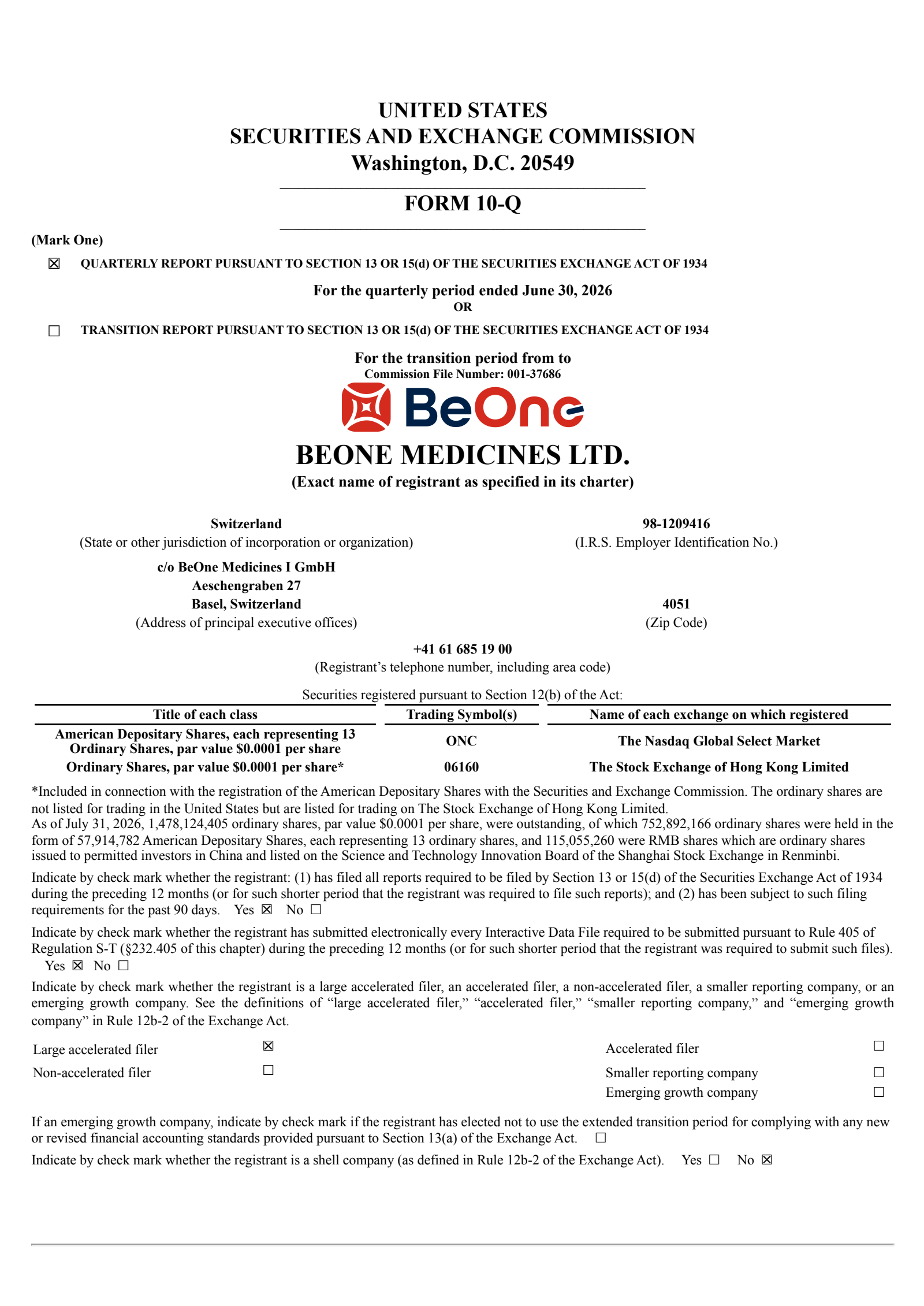 BeOne Medicines' Q2 2026 Quarterly report