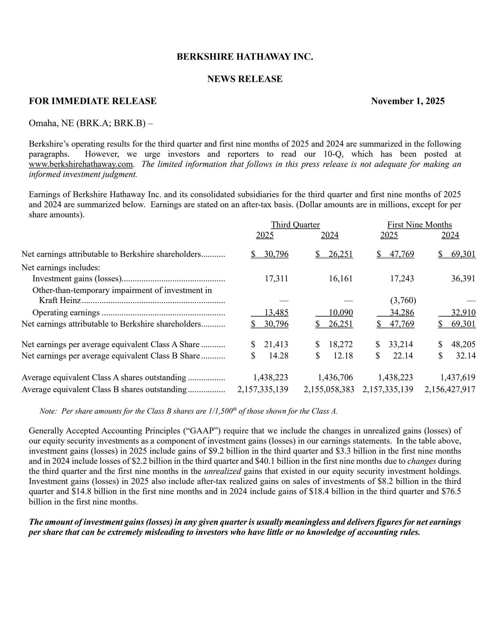 Berkshire Hathaway's Q3 2025 Earnings Release