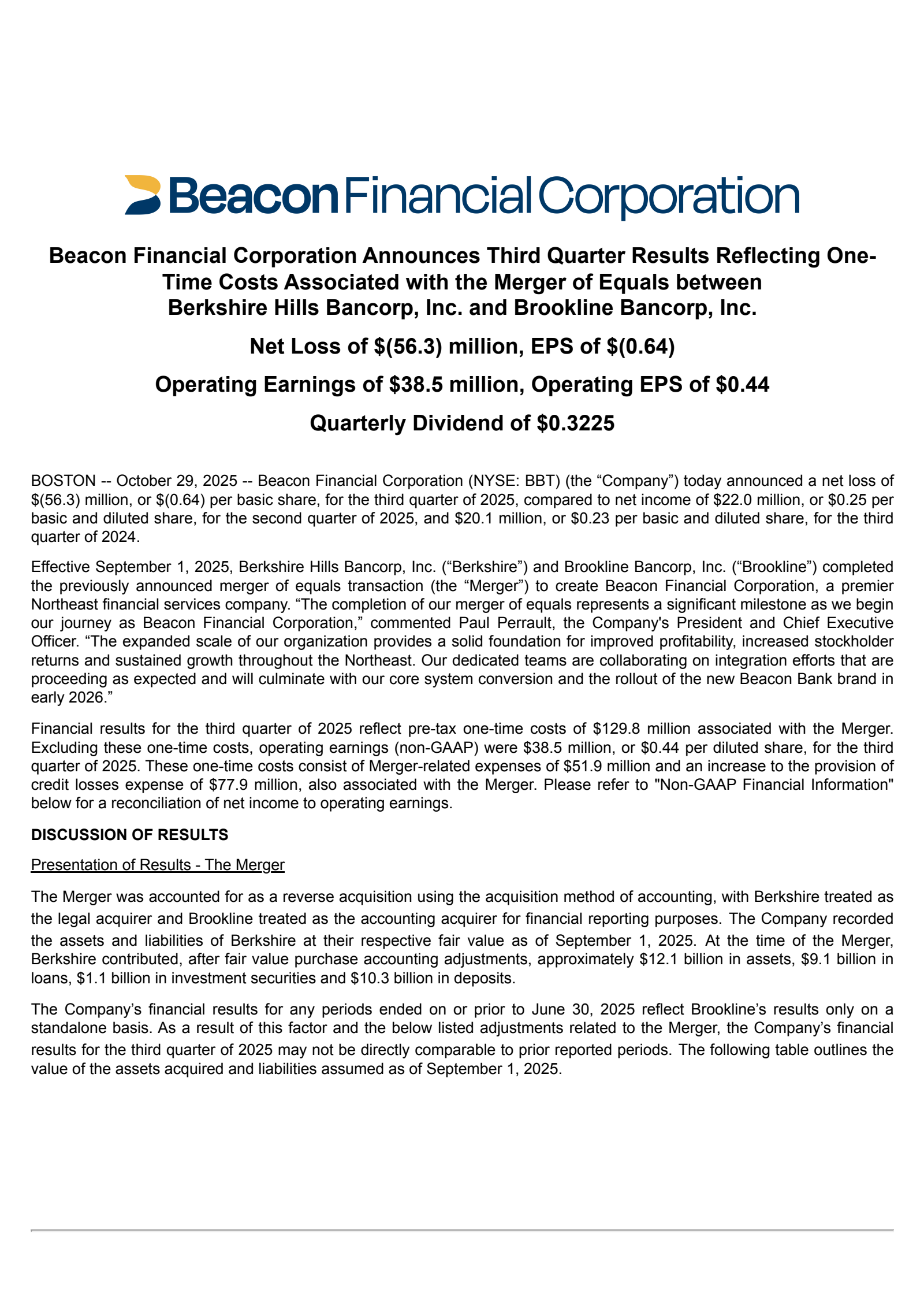 Berkshire Hills Bancorp's Q3 2025 Earnings Release
