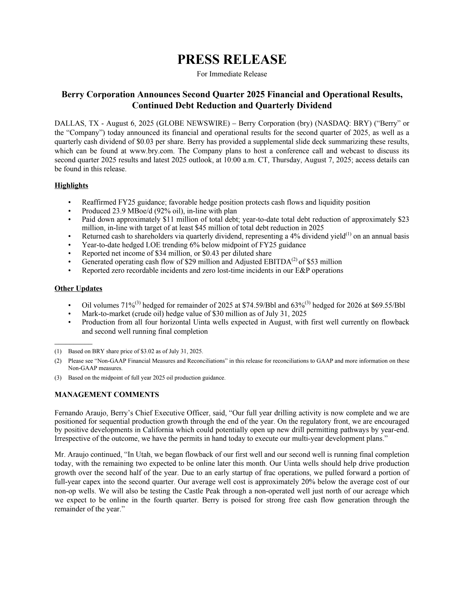 Berry's Q2 2025 Press Release