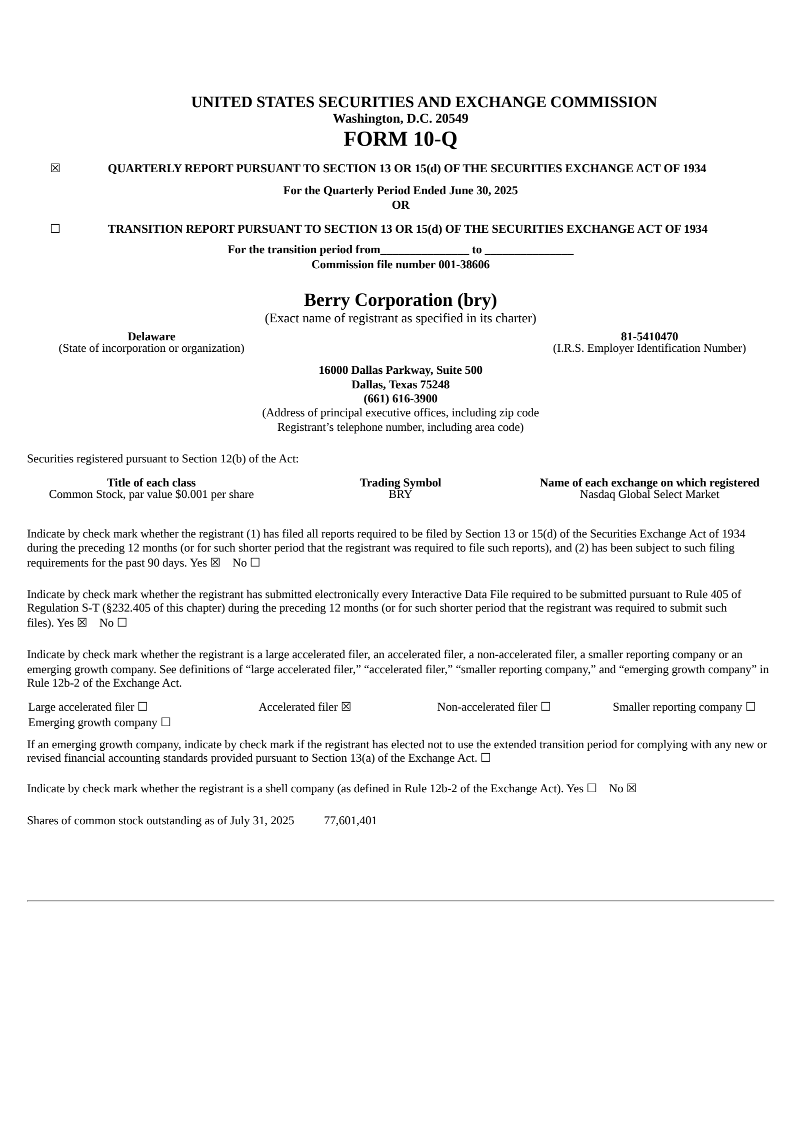 Berry's Q2 2025 Quarterly report
