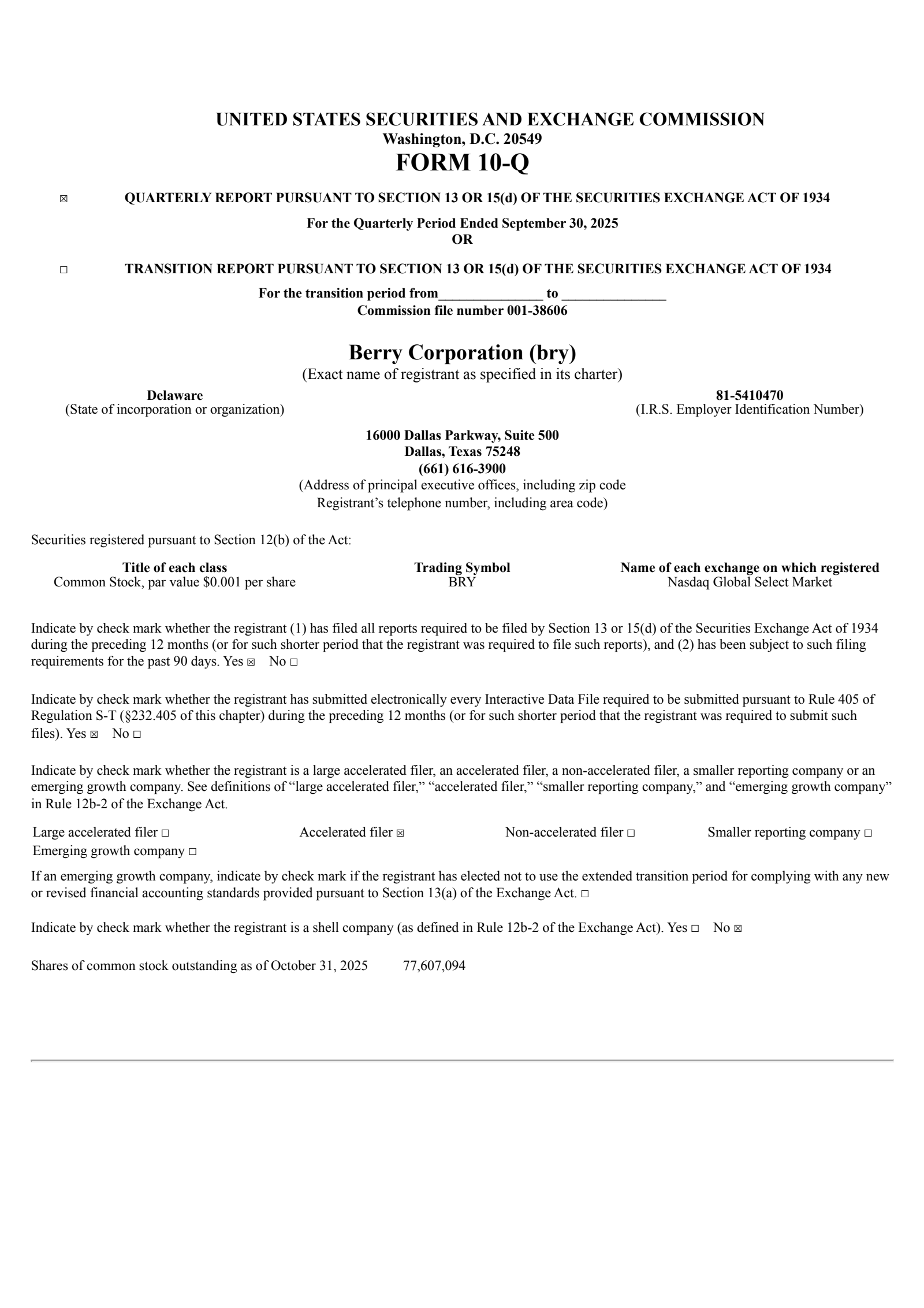 Berry's Q3 2025 Quarterly Report