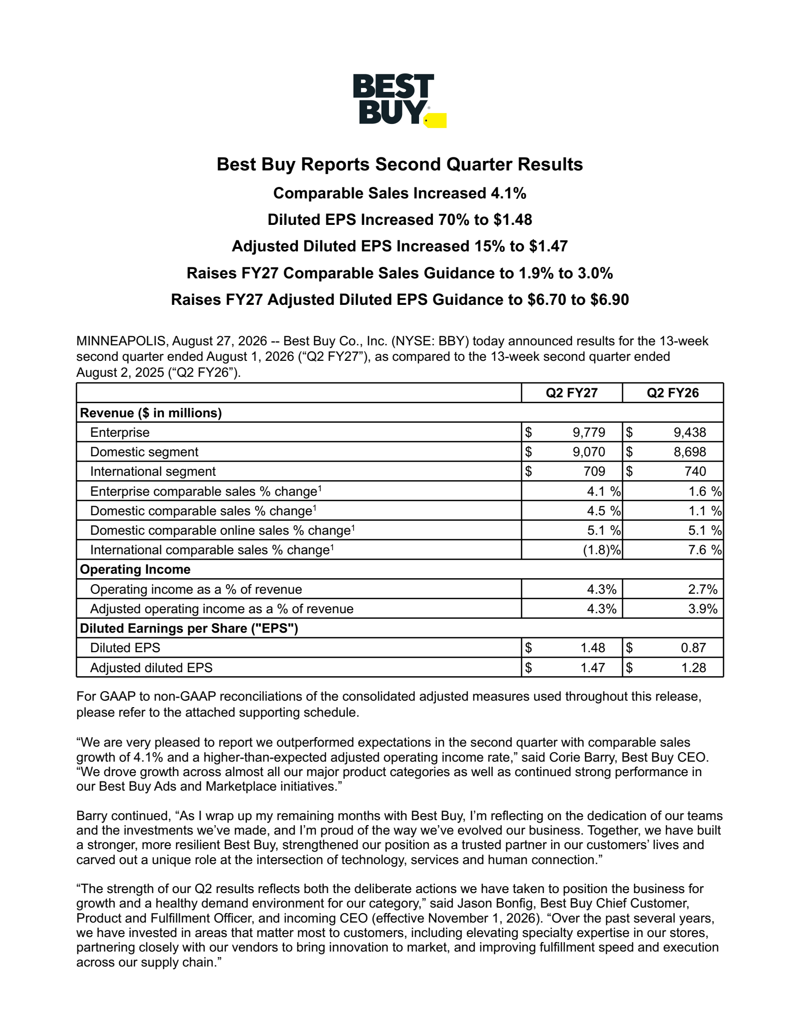 Best Buy's Q2 2027 Press Release