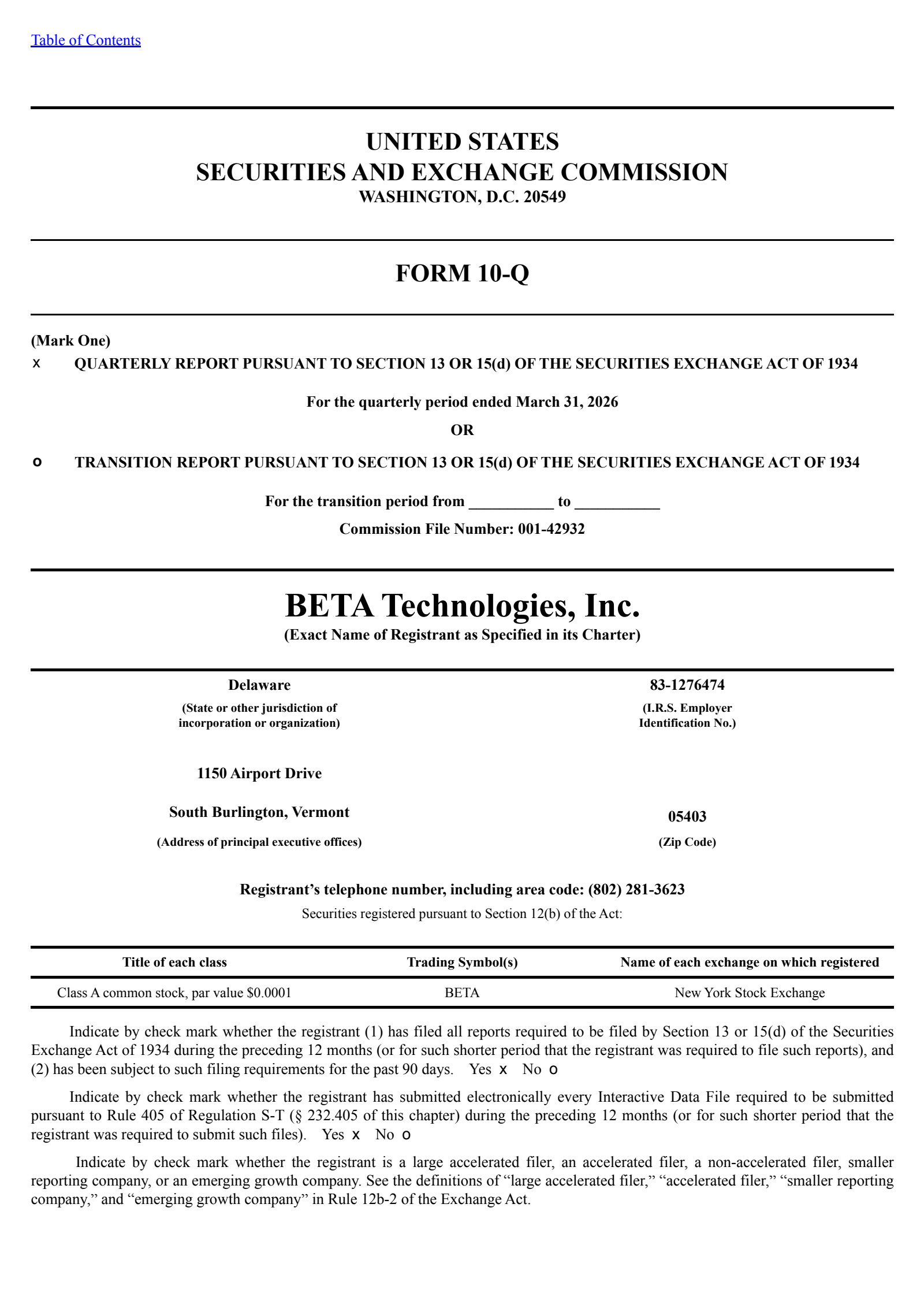 BETA Technologies' Q1 2026 Quarterly report
